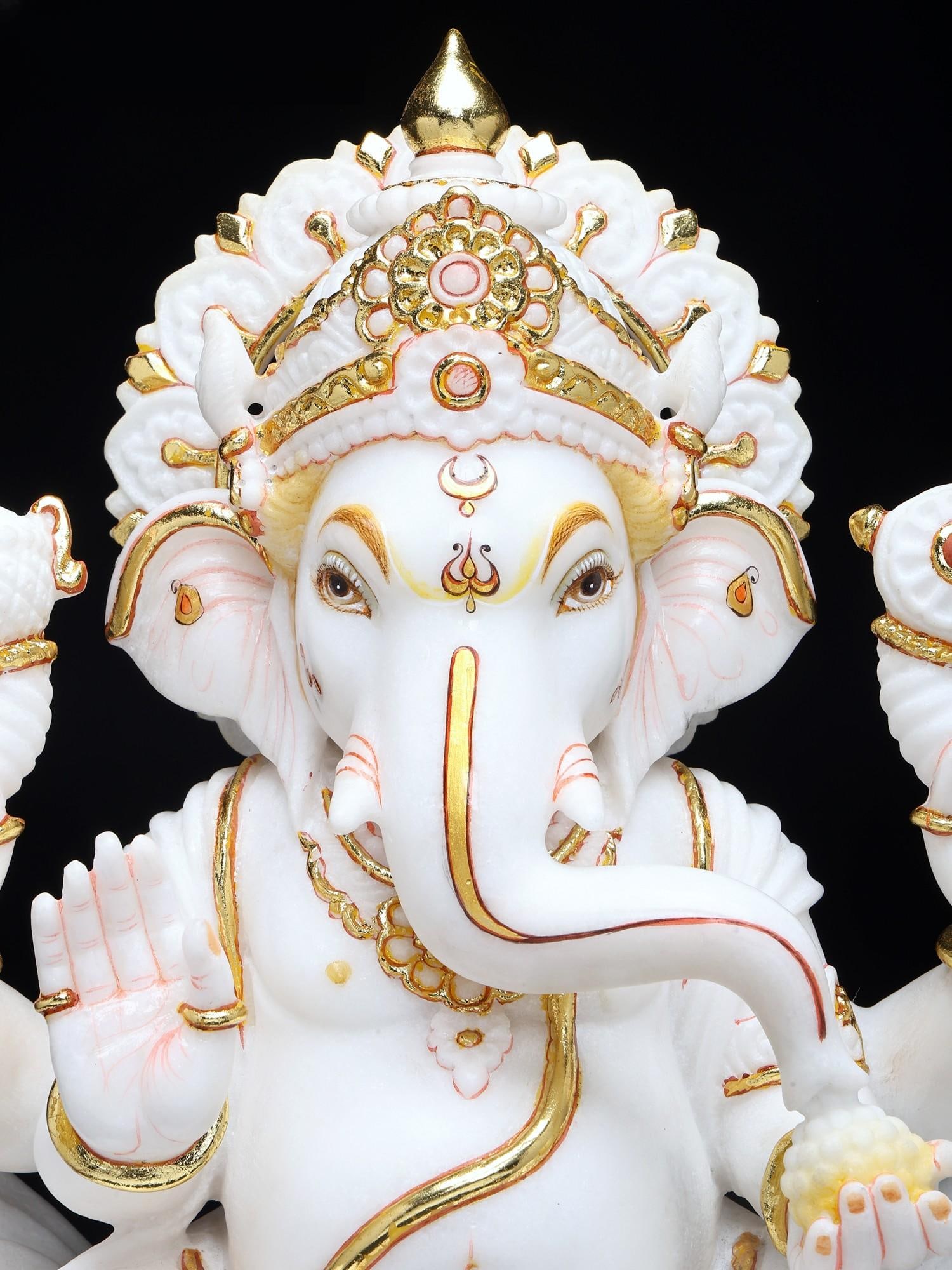 16" Handcrafted White Marble Blessing Ganesha Statue Seated on Lotus | Hand-Painted Hindu God Idol - 2
