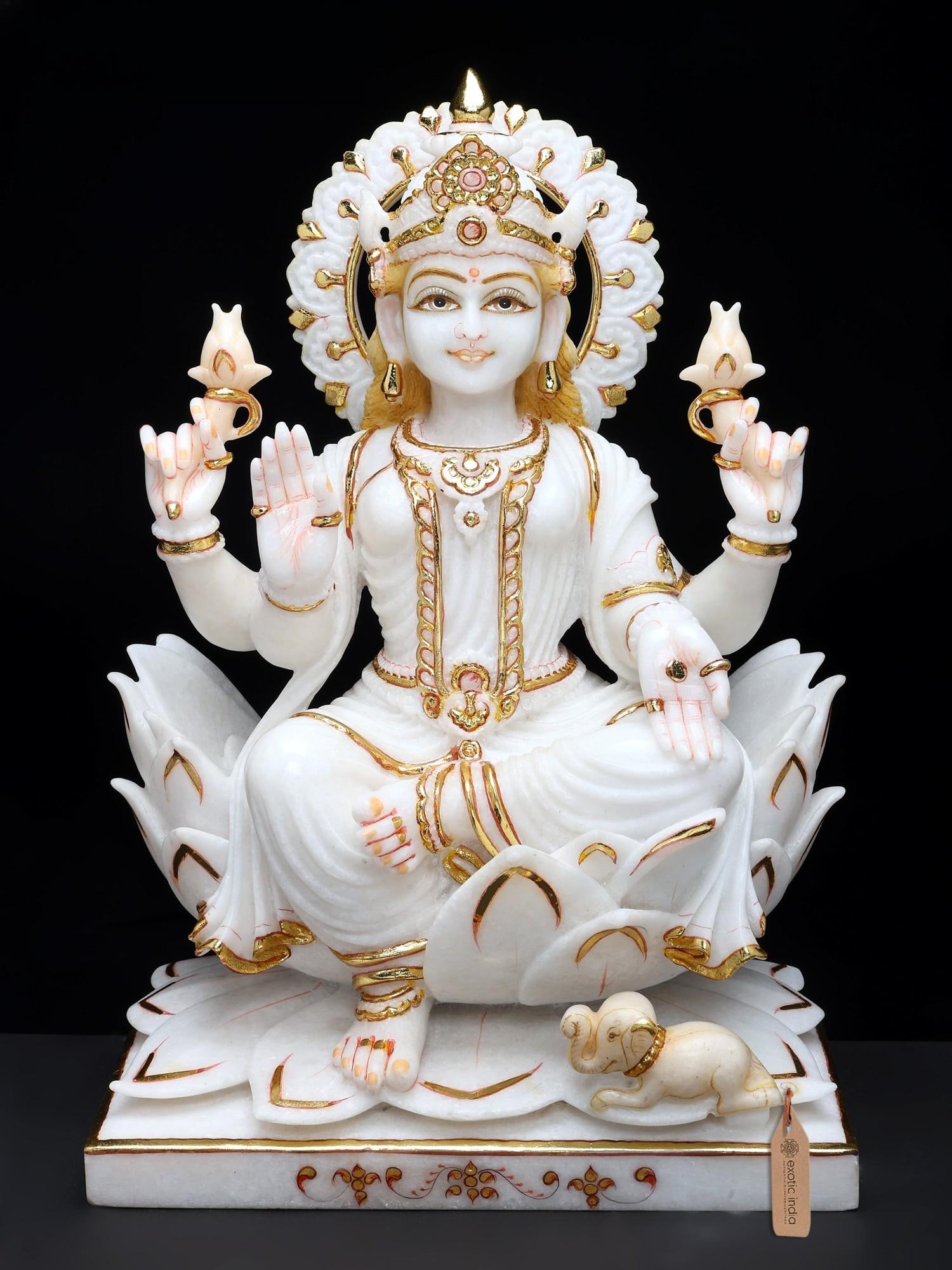 16" Blessing Goddess Lakshmi Seated on Lotus | Hand-Painted White Marble Statue (1 of 2)