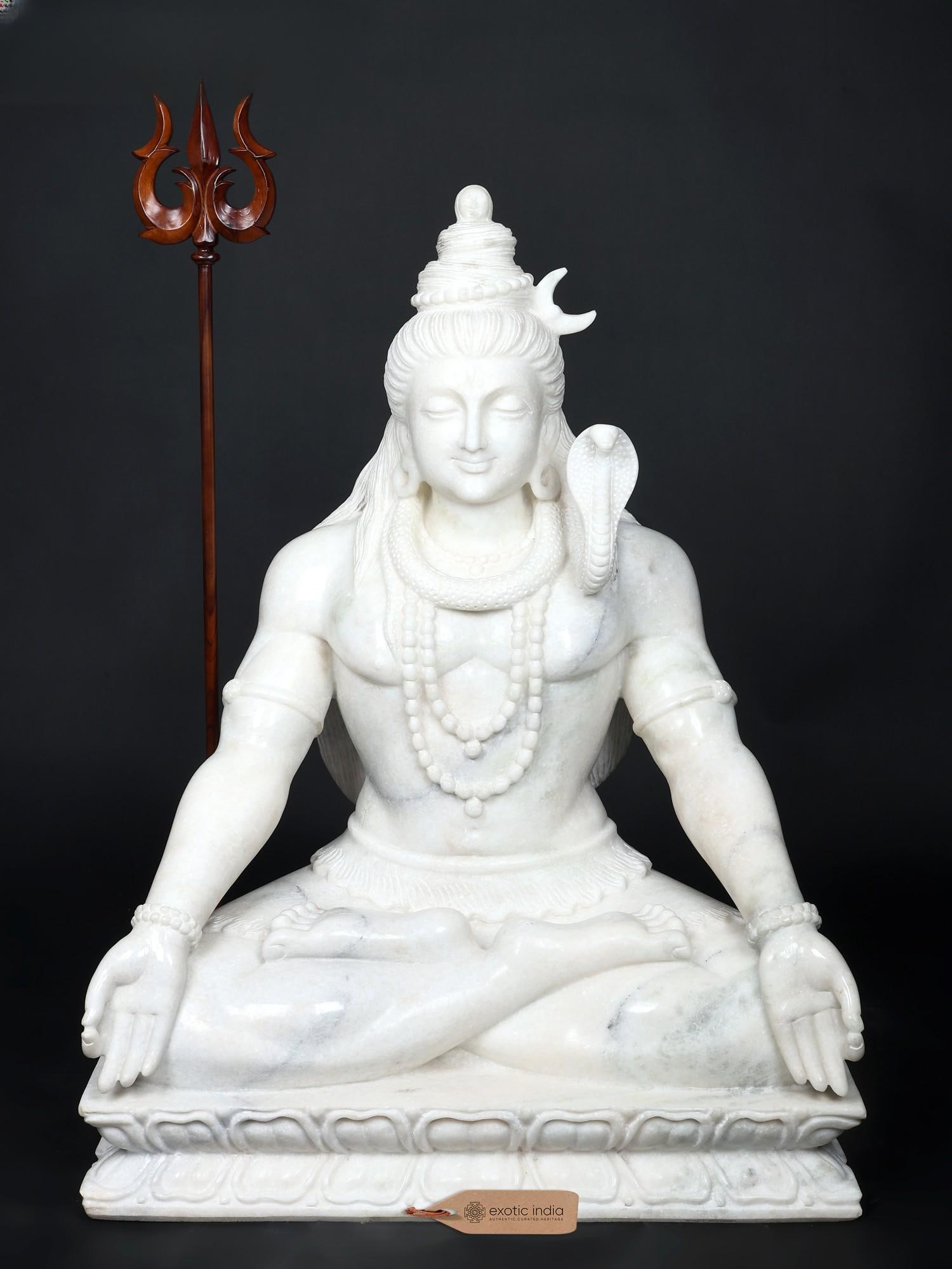 36" Large Hand-Carved Meditating Mahadev (Lord Shiva) | White Marble Hindu God Idol: Description: 36" Large Hand-Carved Meditating Mahadev (Lord Shiva) | White Marble Hindu God Idol