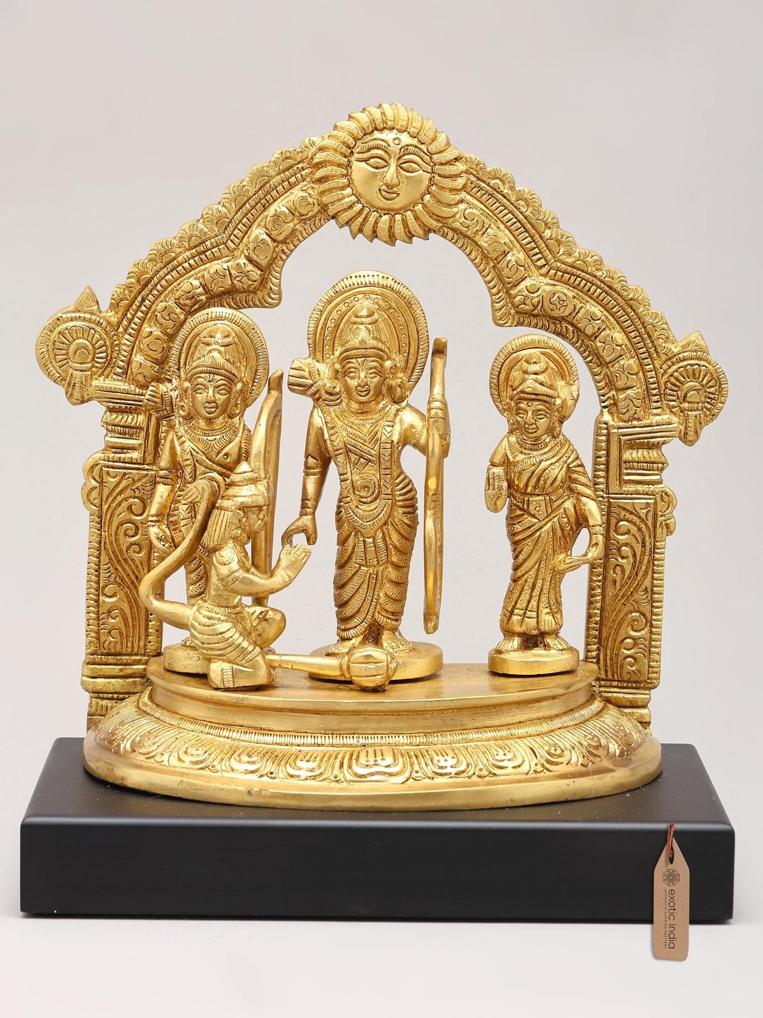 8" Brass Shri Ram Darbar on Wood Base: Description: 8" Brass Shri Ram Darbar on Wood Base