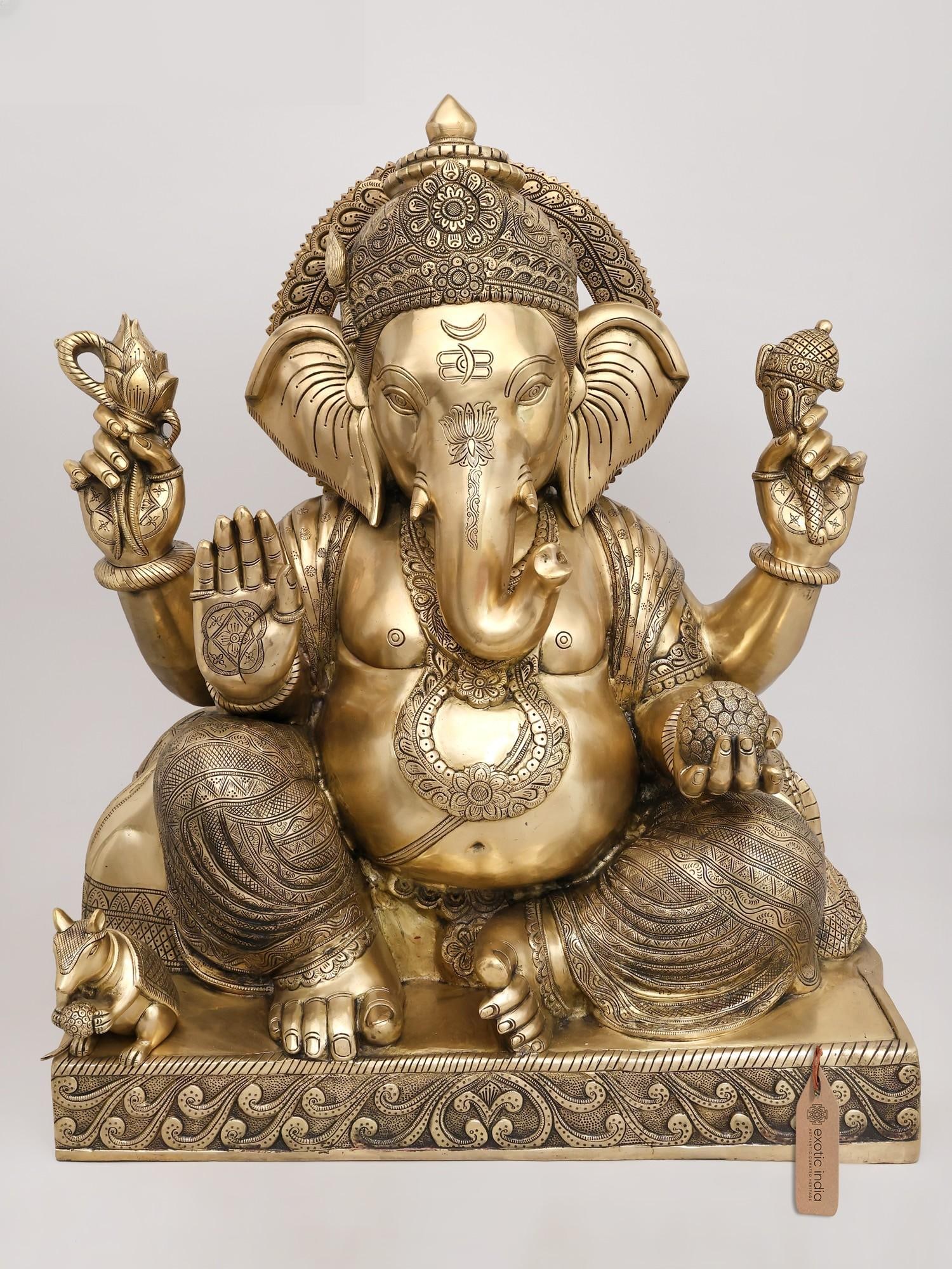 33" Large Fine Four Armed Blessing Lord Ganesha | Brass Statue: Description: 33" Large Fine Four Armed Blessing Lord Ganesha | Brass Statue