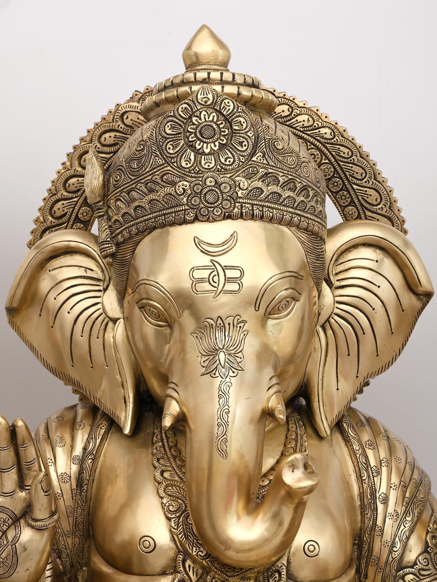 33" Large Fine Four Armed Blessing Lord Ganesha | Brass Statue - 2