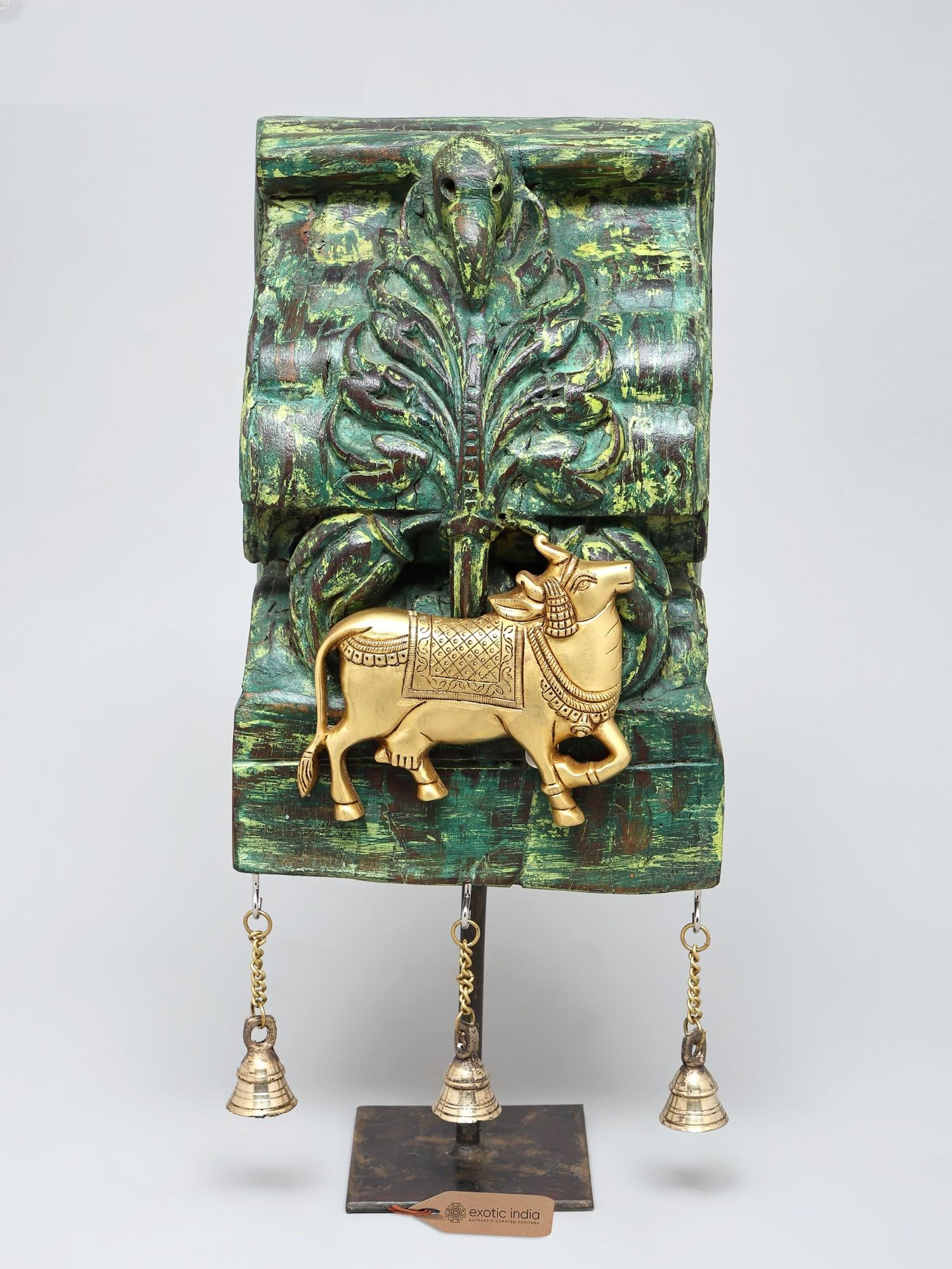 18" Sacred Kamadhenu Cow on Wood Base with Dangling Brass Bells: Description: 18" Sacred Kamadhenu Cow on Wood Base with Dangling Brass Bells