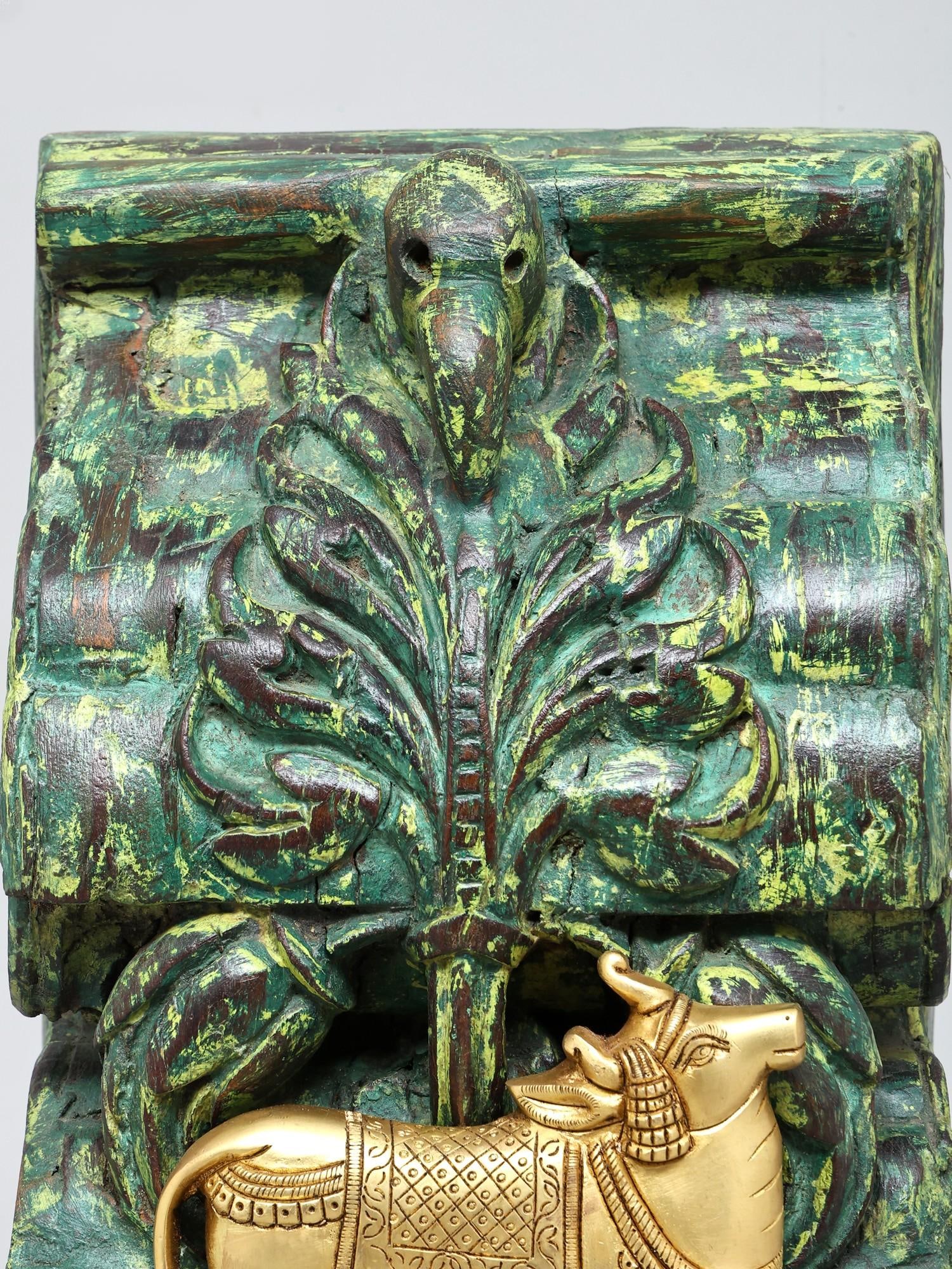 18" Sacred Kamadhenu Cow on Wood Base with Dangling Brass Bells - 2