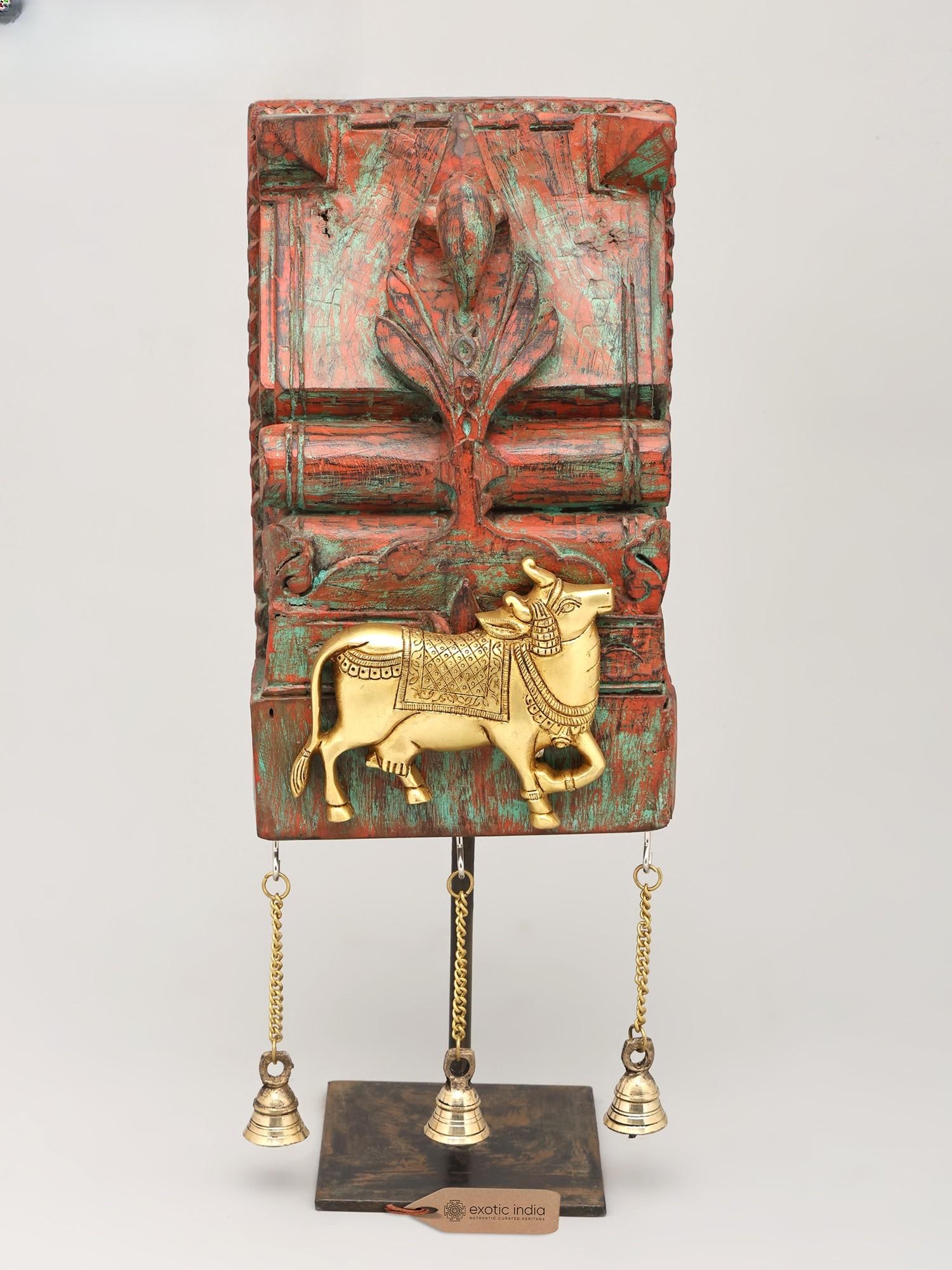 18" Kamadhenu Cow on Vintage Wooden Backdrop with Brass Bells: Description: 18" Kamadhenu Cow on Vintage Wooden Backdrop with Brass Bells