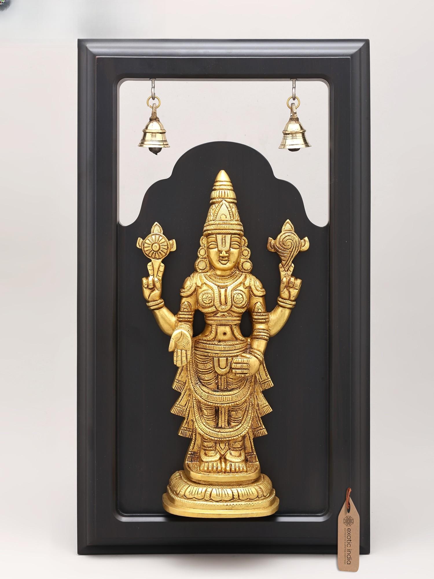 18" Wood Framed Tirupati Balaji (Venkateshvara) Statue in Brass | Wall Hanging: Description: 18" Wood Framed Tirupati Balaji (Venkateshvara) Statue in Brass | Wall Hanging