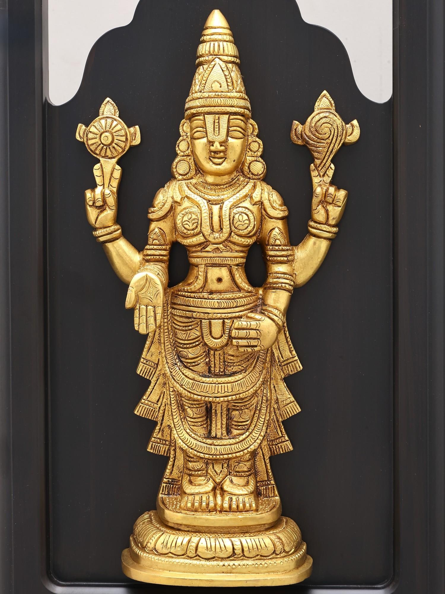 18" Wood Framed Tirupati Balaji (Venkateshvara) Statue in Brass | Wall Hanging - 2