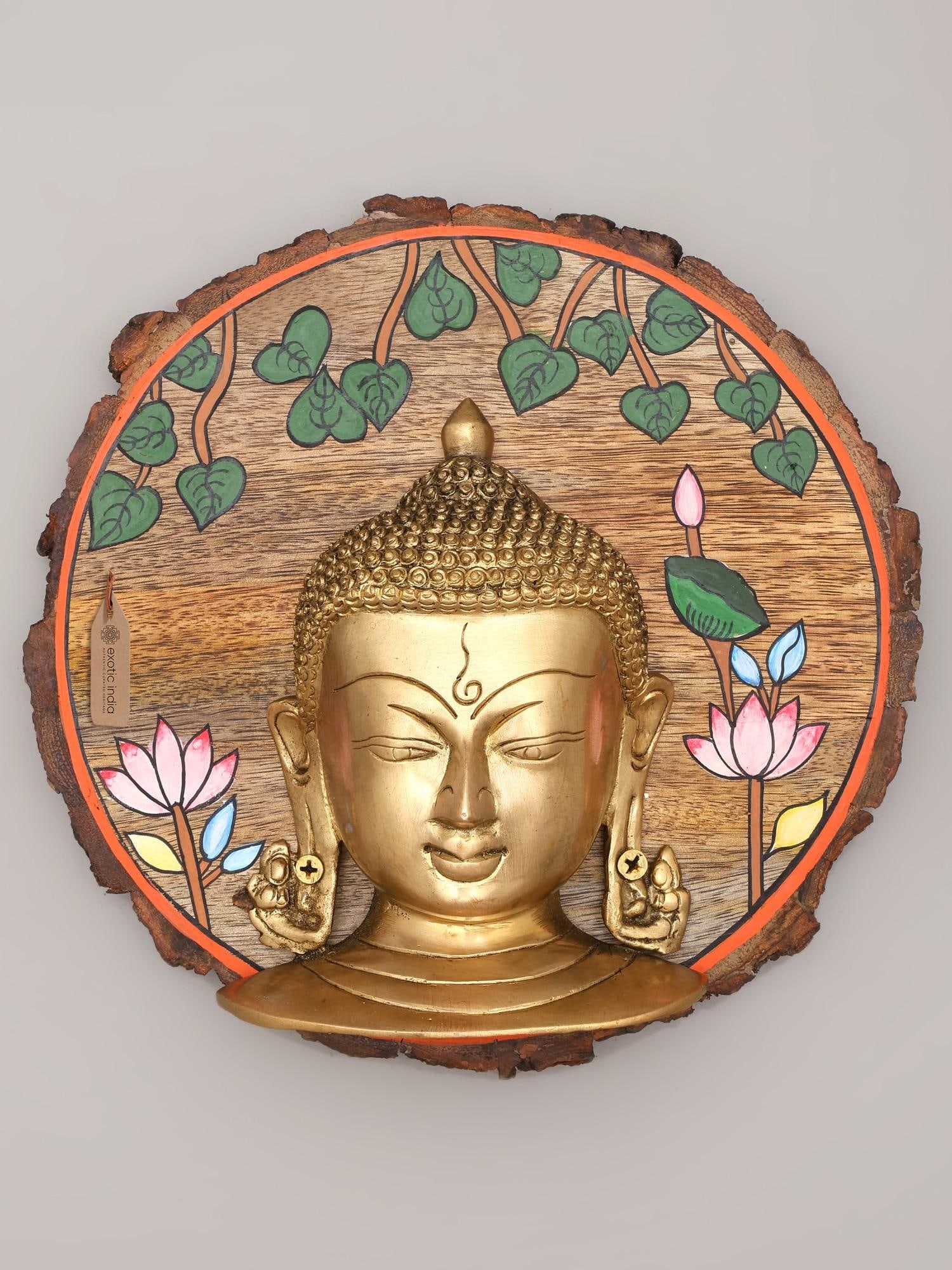 9" Gautam Buddha Face Wall Hanging | Wood Framed Brass Sculpture: Description: 9" Gautam Buddha Face Wall Hanging | Wood Framed Brass Sculpture