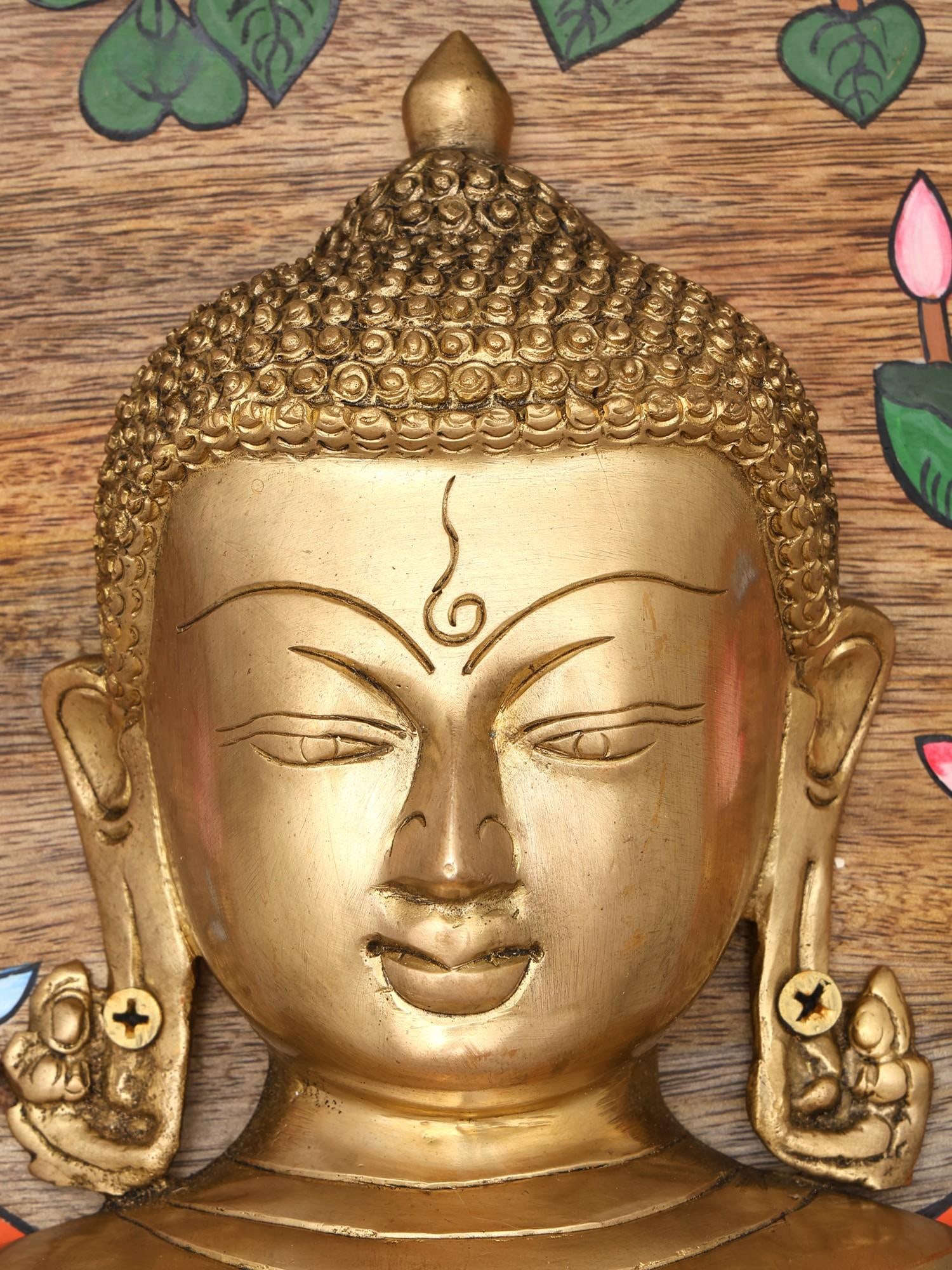 9" Gautam Buddha Face Wall Hanging | Wood Framed Brass Sculpture - 2