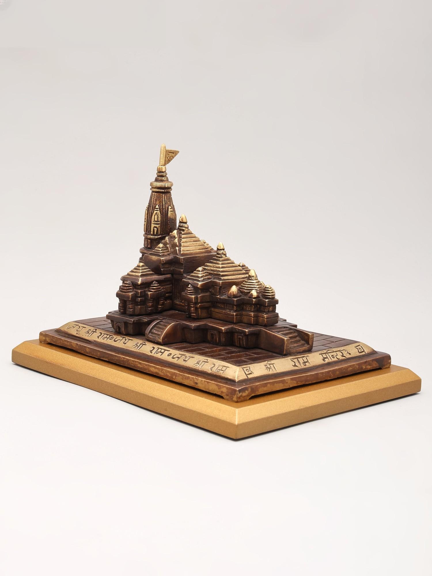 8" Brass Ayodhya Ram Mandir Statue on Wood Base: Description: 8" Brass Ayodhya Ram Mandir Statue on Wood Base