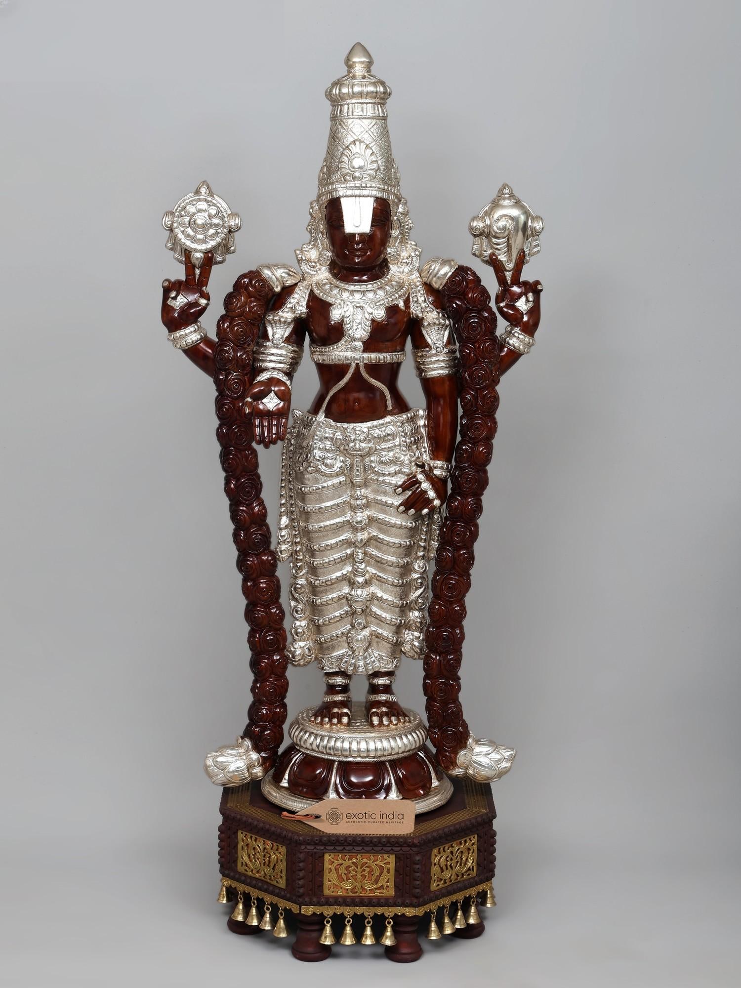 52" Large Superfine Tirupati Balaji (Lord Venkatehswara) Statue on Designer Pedestal | Premium: Description: 52" Large Superfine Tirupati Balaji (Lord Venkatehswara) Statue on Designer Pedestal | Premium Handcrafted Wood Carved Idol with Silver Cladding