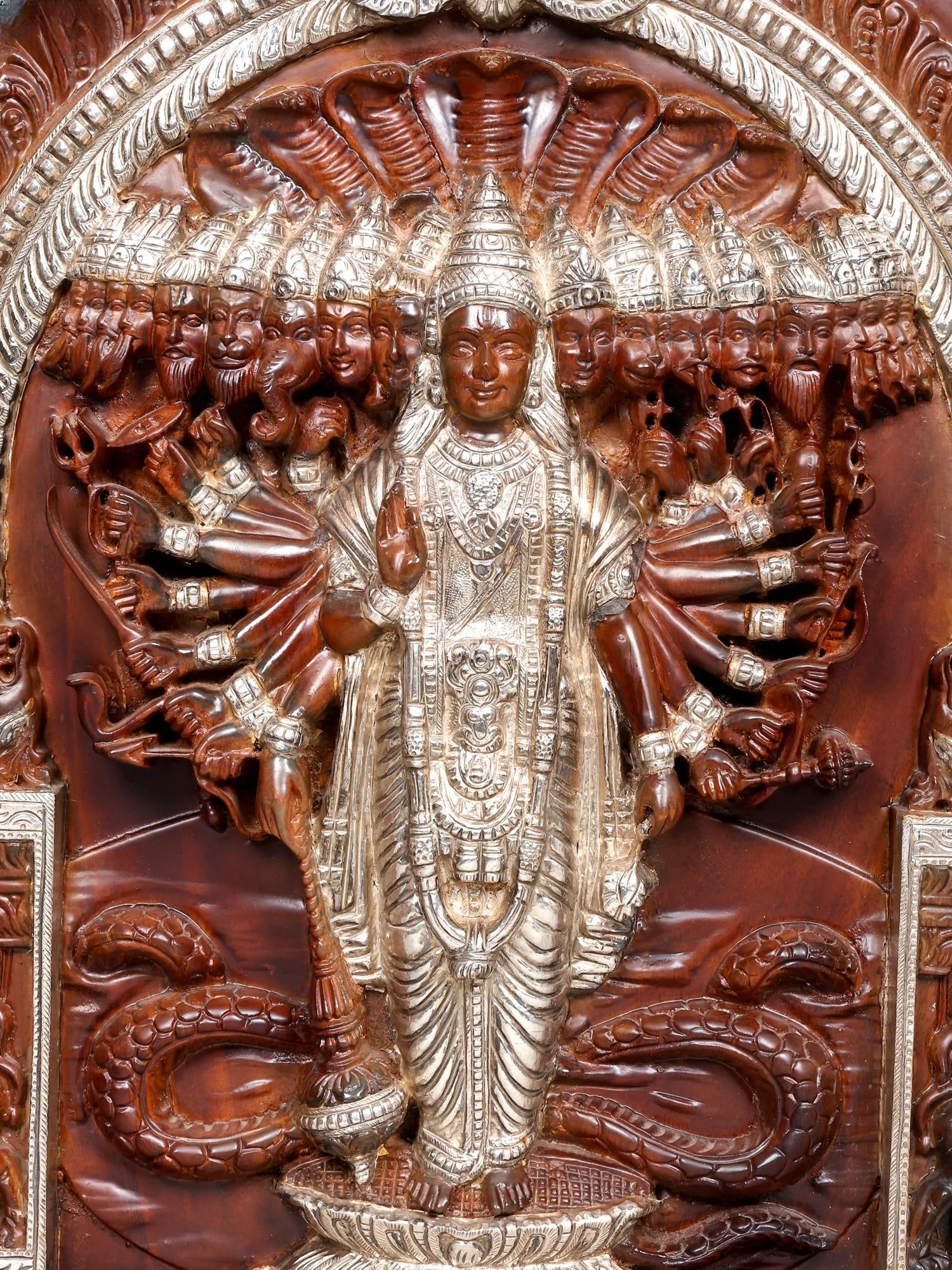 27" Vishvarupa of Lord Vishnu | Wood Carved Wall Hanging Panel with Silver Cladding - 2