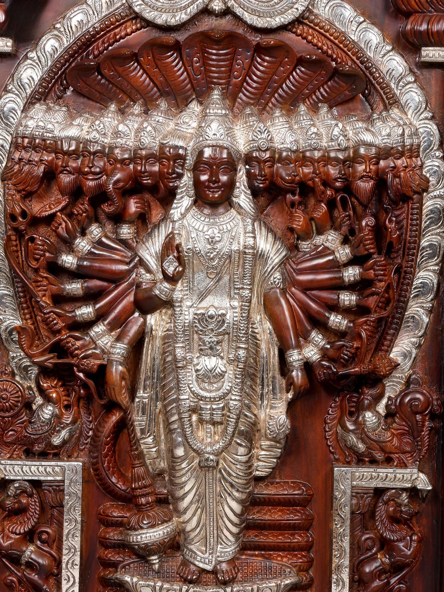 43" Vishvarupa Darshan - Universal form of Lord Vishnu | Wood Carved Panel with Silver Cladding | - 2