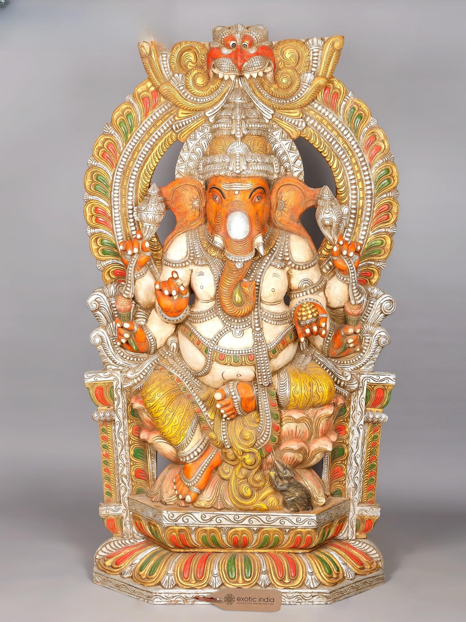 75" Super Large Six Armed Lord Ganesha Seated on Kirtimukha Throne | Wood Carved Statue: Description: 75" Super Large Six Armed Lord Ganesha Seated on Kirtimukha Throne | Wood Carved Statue