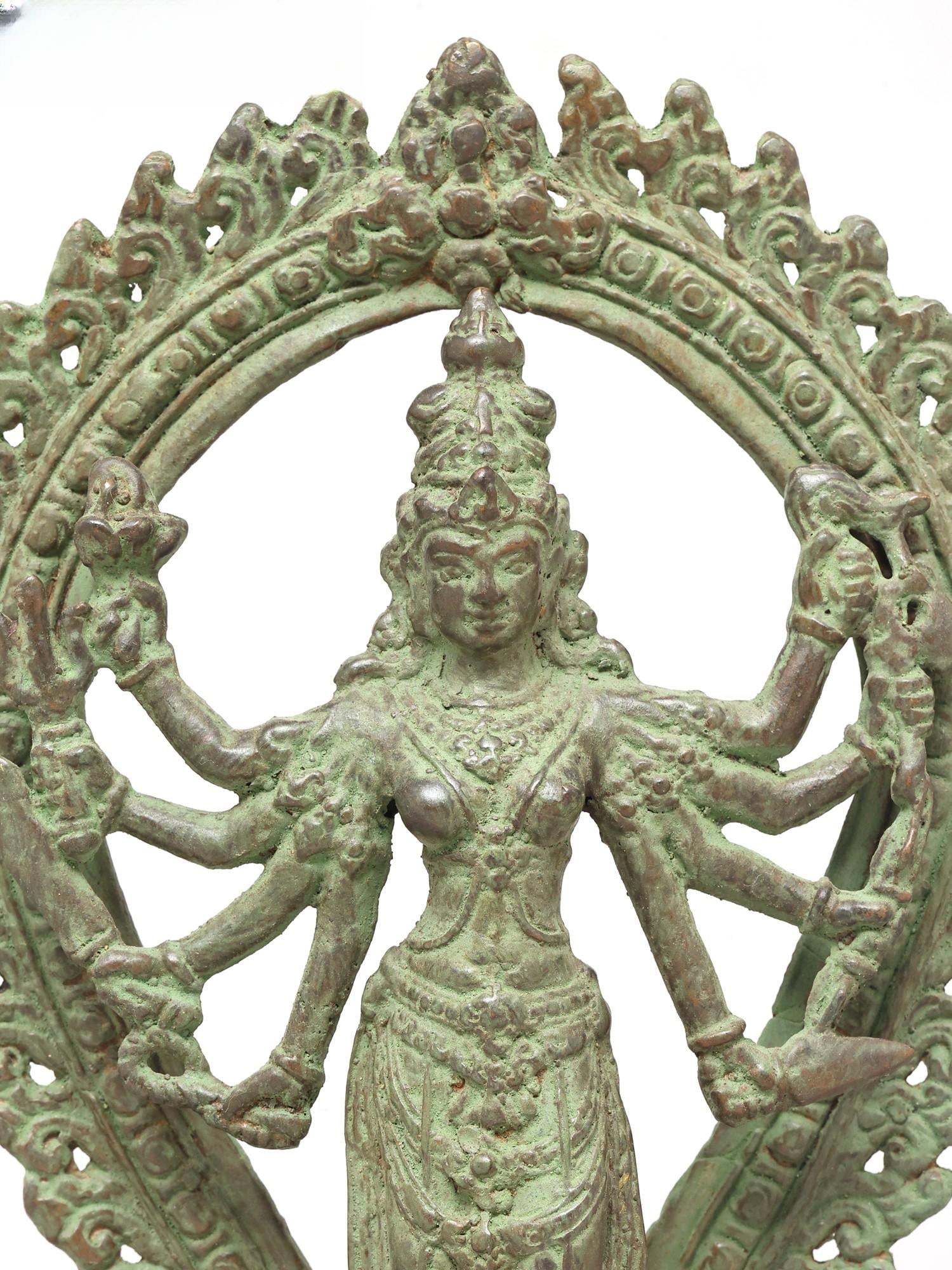 10" Eight Armed Standing Goddess Durga with Ornate Prabhavali | Brass Statue - 2