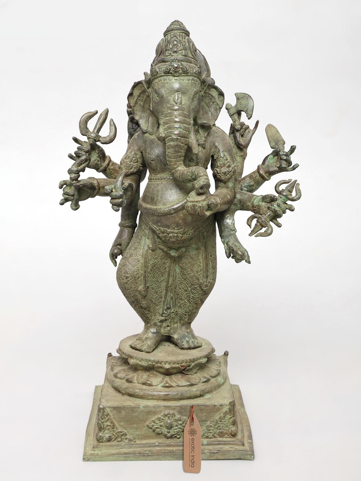 15" Eight Armed Lord Ganesha | Brass Statue: Description: 15" Eight Armed Lord Ganesha | Brass Statue