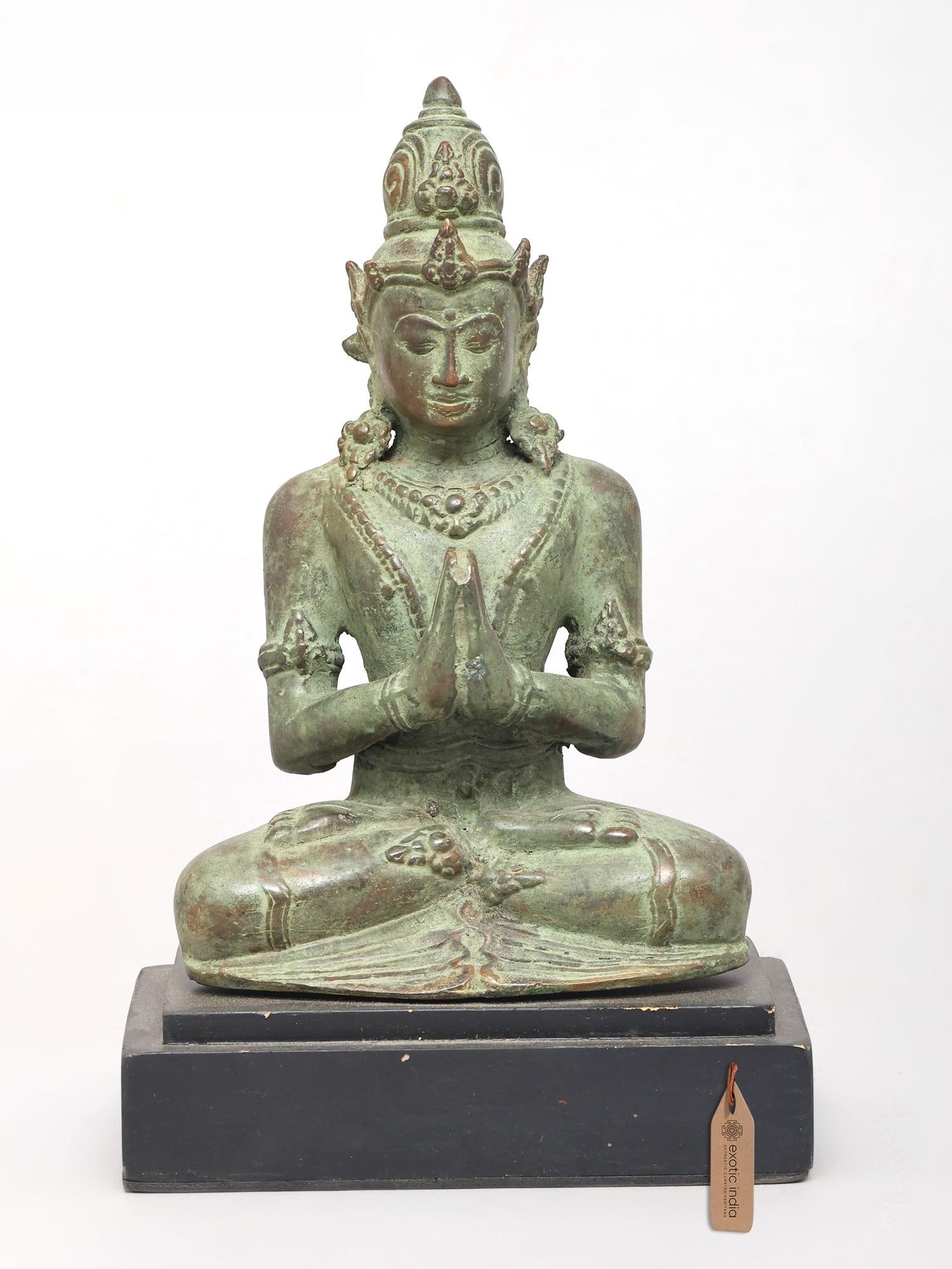 5" Small Crown Buddha Seated on Wood Base | Brass Statue (1 of 2)