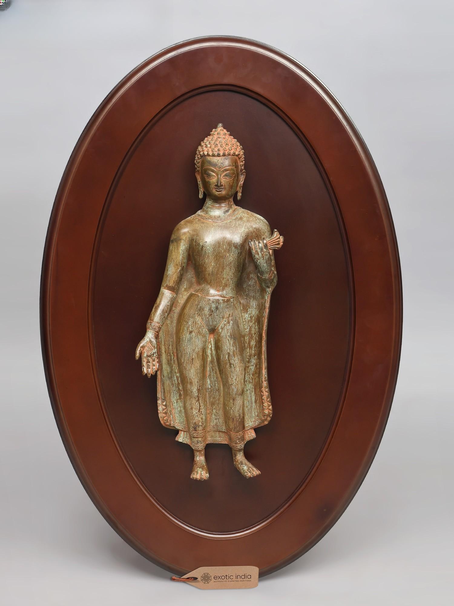 32" Framed Standing Buddha Statue in Brass | Wall Hanging (1 of 2)