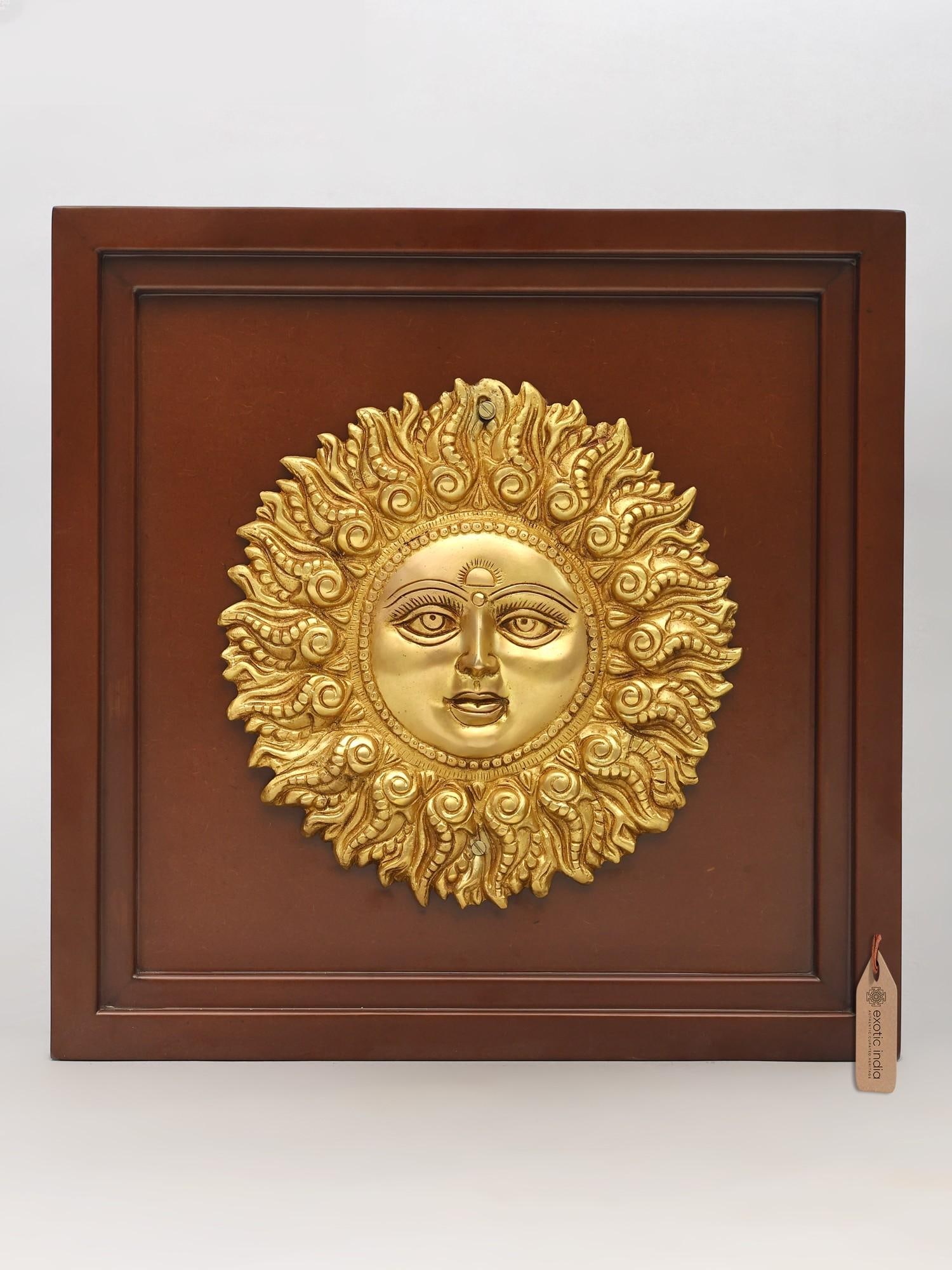 18" The Sun God Surya | Wood Framed Brass Sculpture | Wall Hanging (1 of 2)