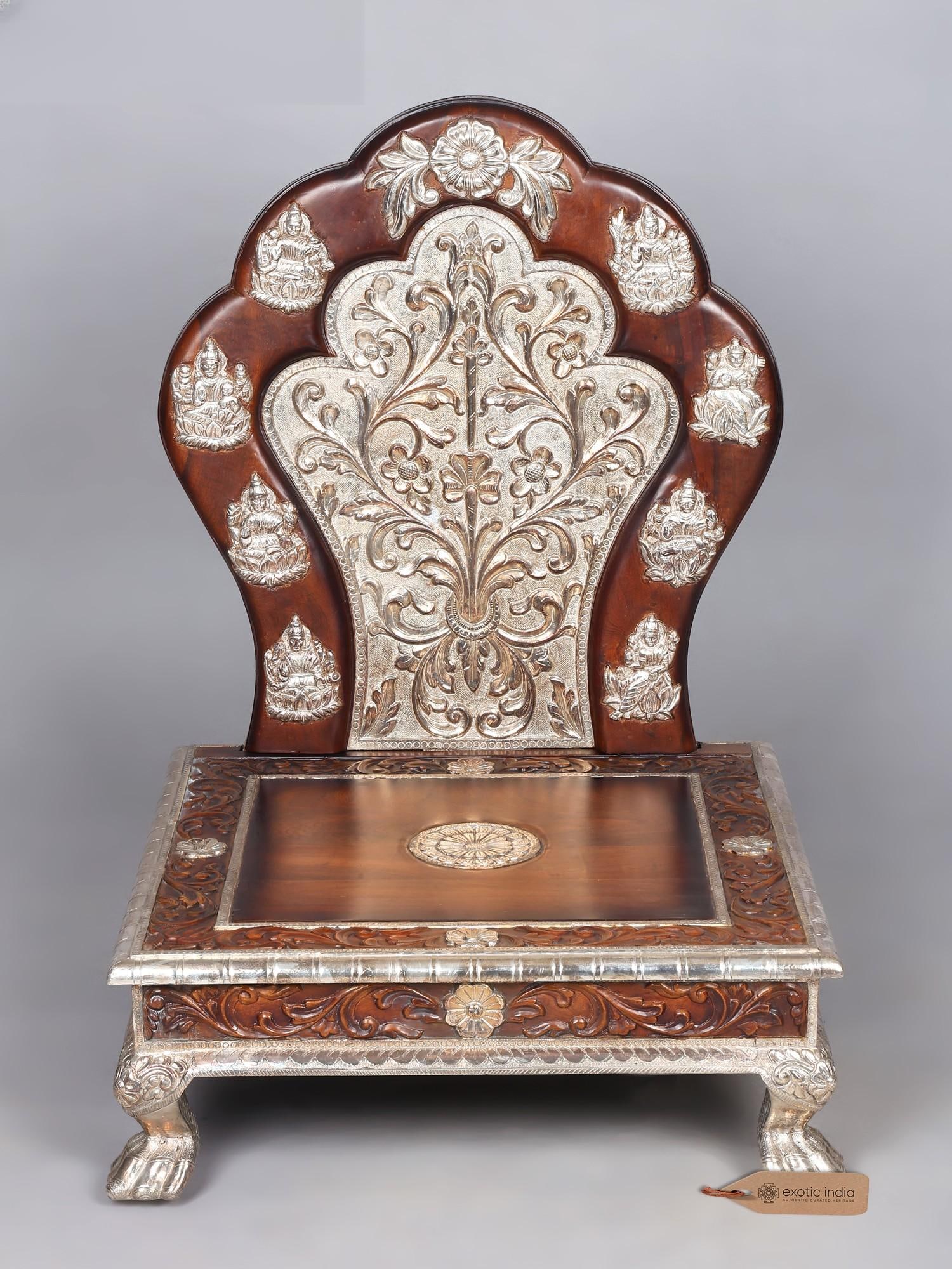 34" Handcrafted Wooden Idol Throne with Silver Cladding - Royal Singhasan for Deities with (1 of 2)