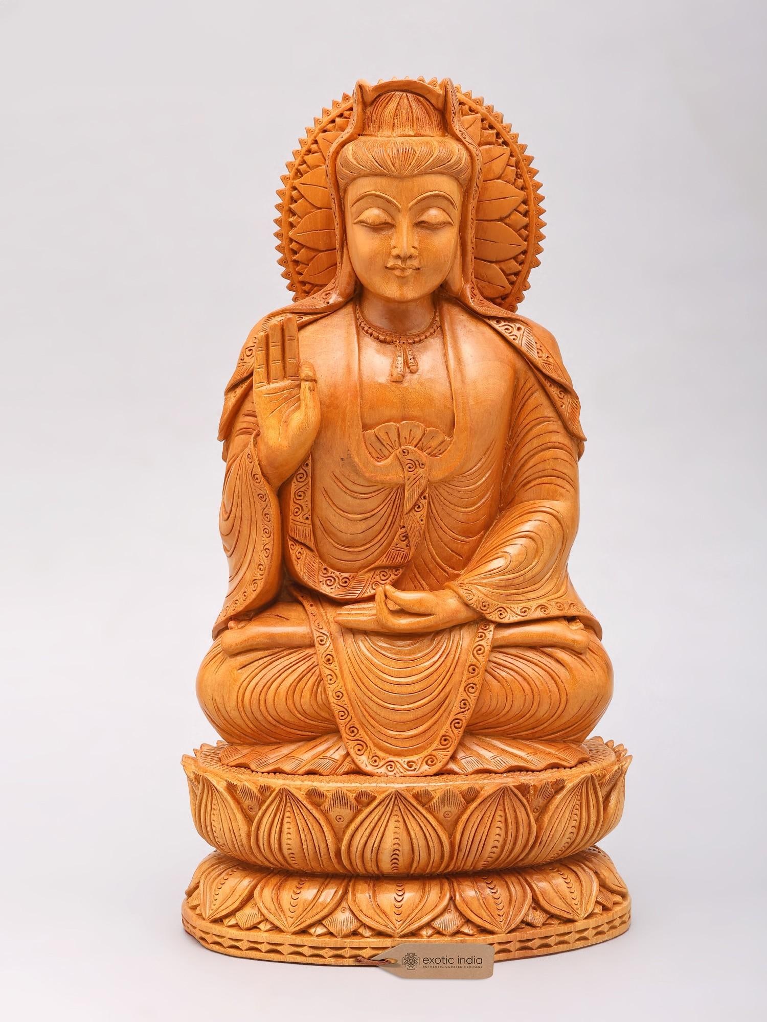 13" Buddha Seated on Lotus Base | Hand Carved Wooden Spiritual Sculpture: Description: 13" Buddha Seated on Lotus Base | Hand Carved Wooden Spiritual Sculpture