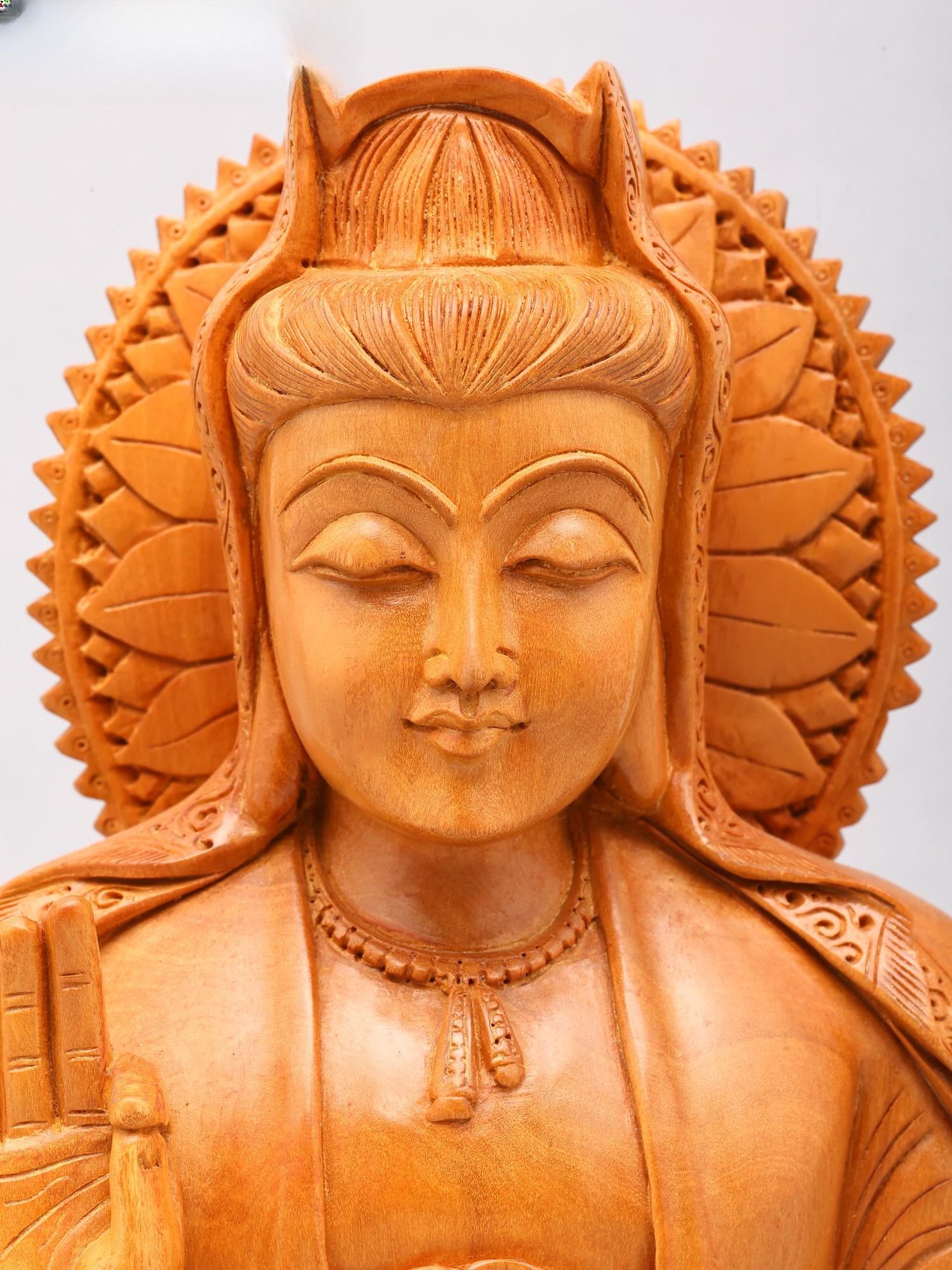 13" Buddha Seated on Lotus Base | Hand Carved Wooden Spiritual Sculpture - 2