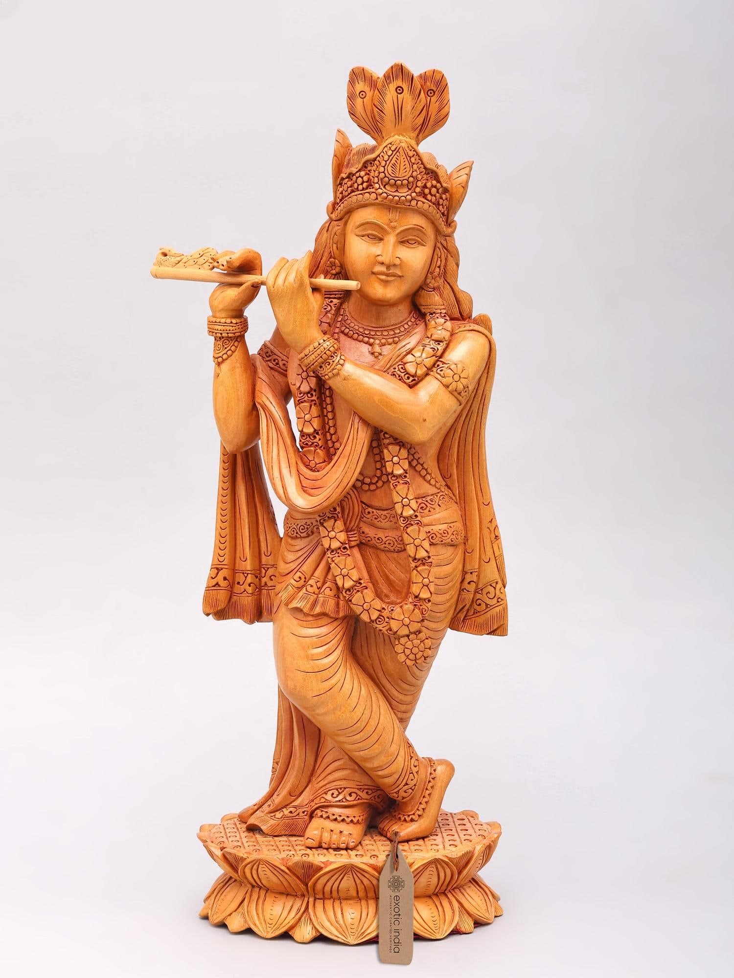 16" Lord Krishna Playing Flute | Wood Carved Statue (1 of 2)