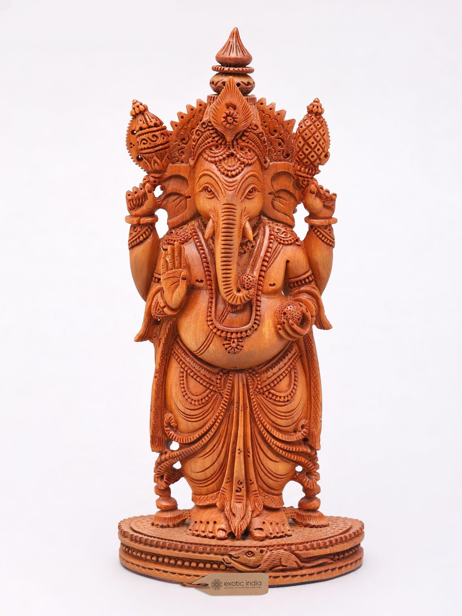 6" Small Fine Standing Lord Ganesha in Blessing Gesture | Sandalwood Statue: Description: 6" Small Fine Standing Lord Ganesha in Blessing Gesture | Sandalwood Statue