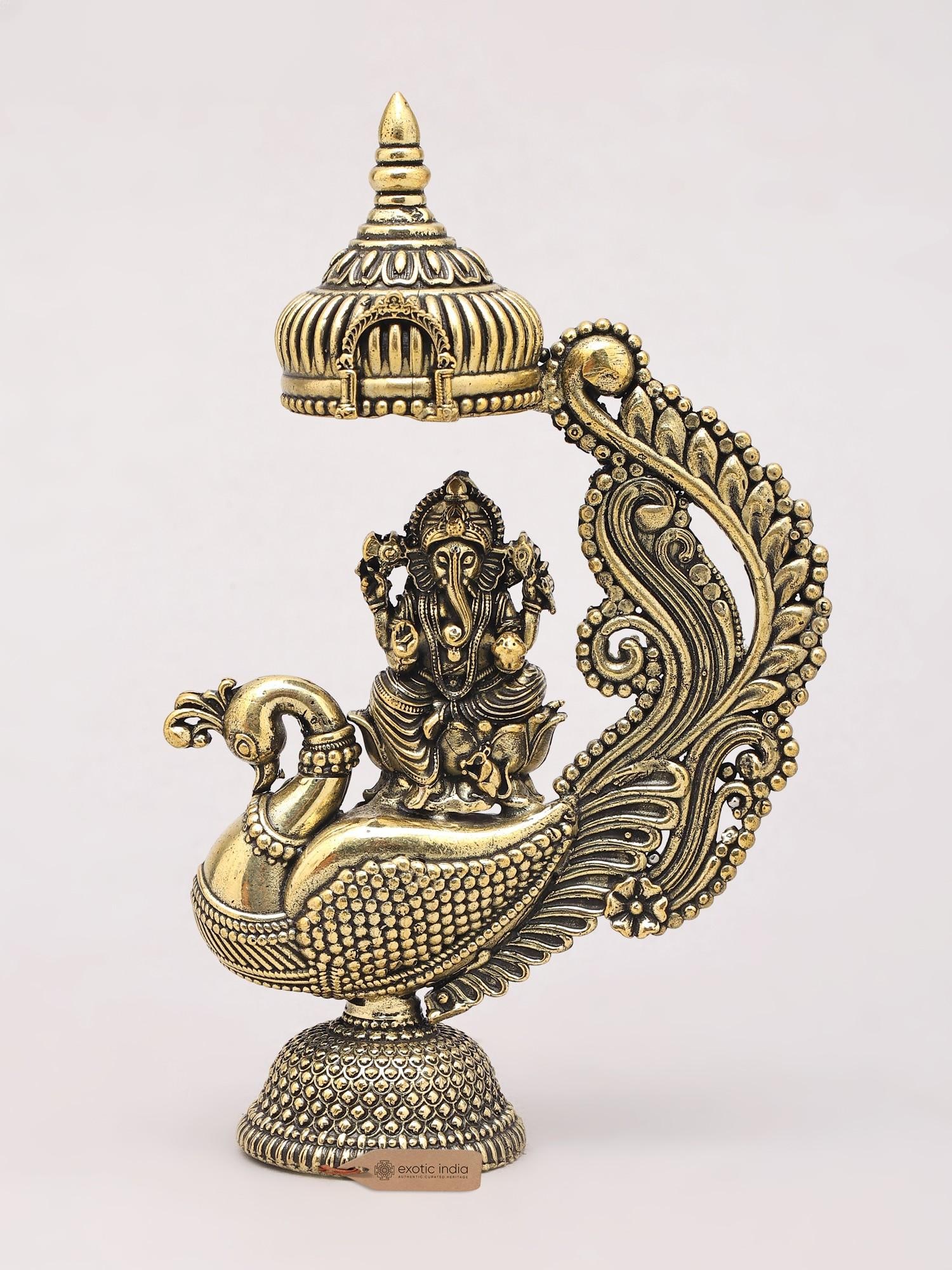 5" Small Superfine Lord Ganesha Seated on Peacock | Brass Statue: Description: 5" Small Superfine Lord Ganesha Seated on Peacock | Brass Statue