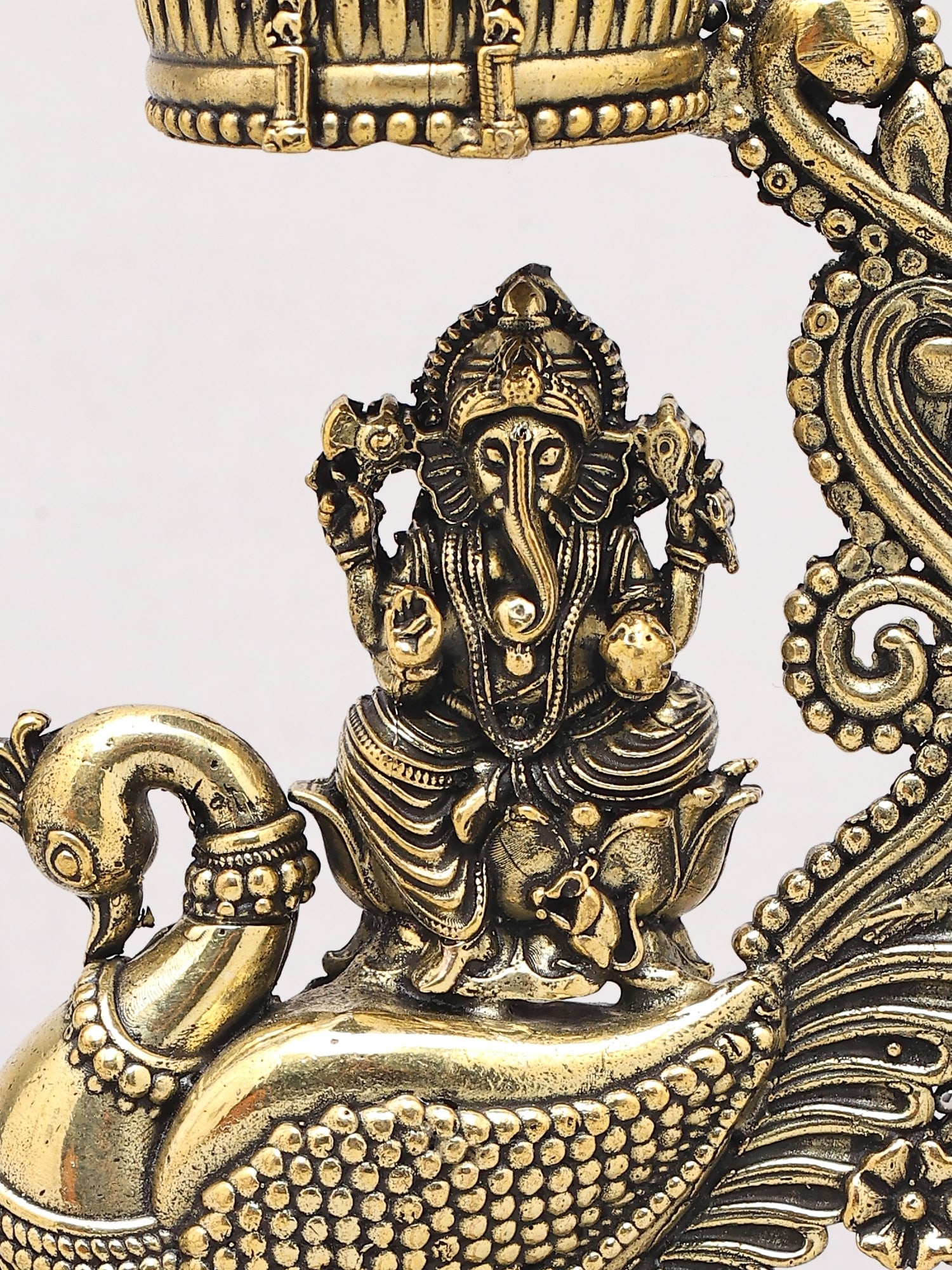 5" Small Superfine Lord Ganesha Seated on Peacock | Brass Statue - 2