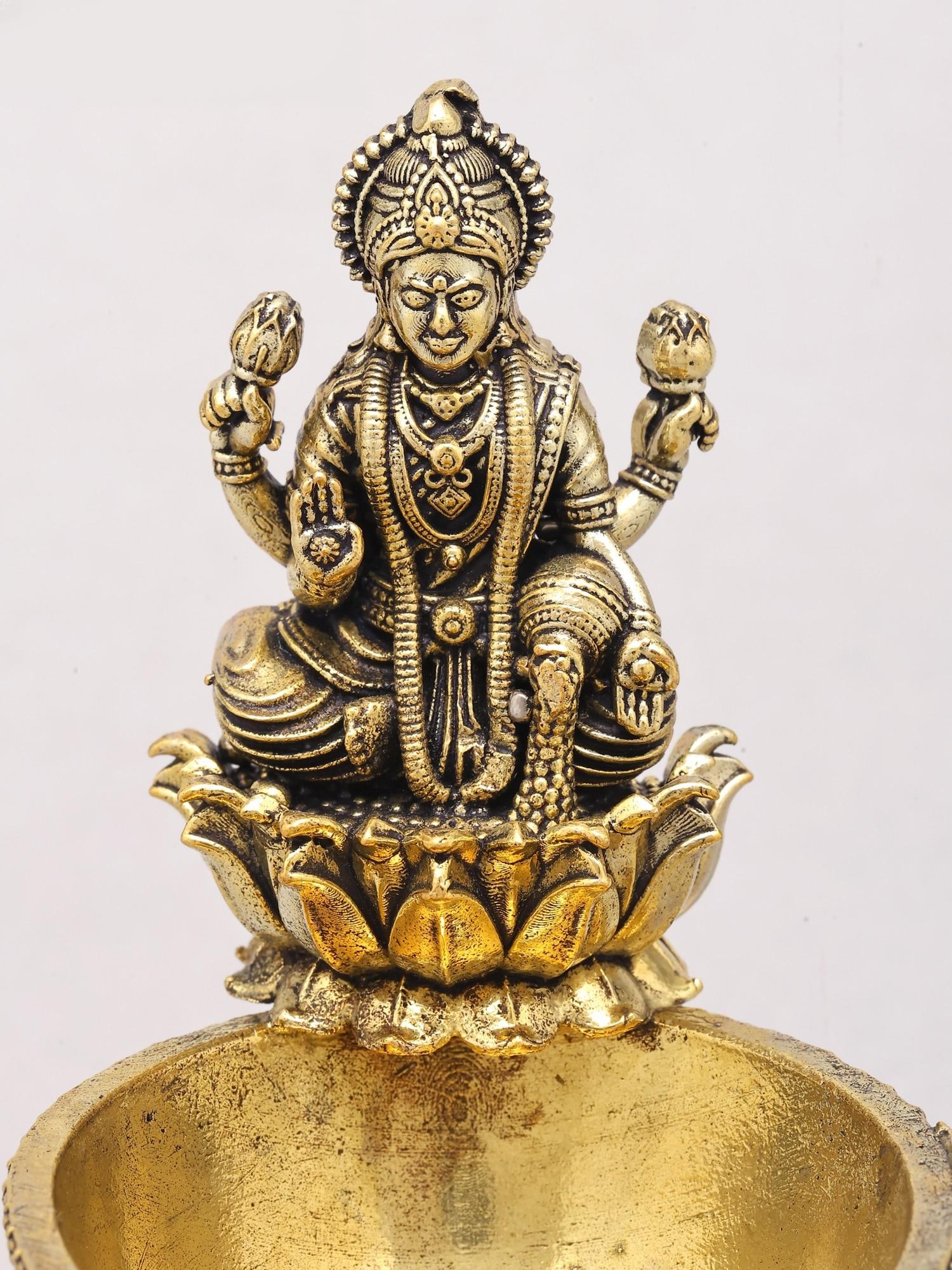 4" Small Goddess Lakshmi Diya (Lamp) in Brass - 2