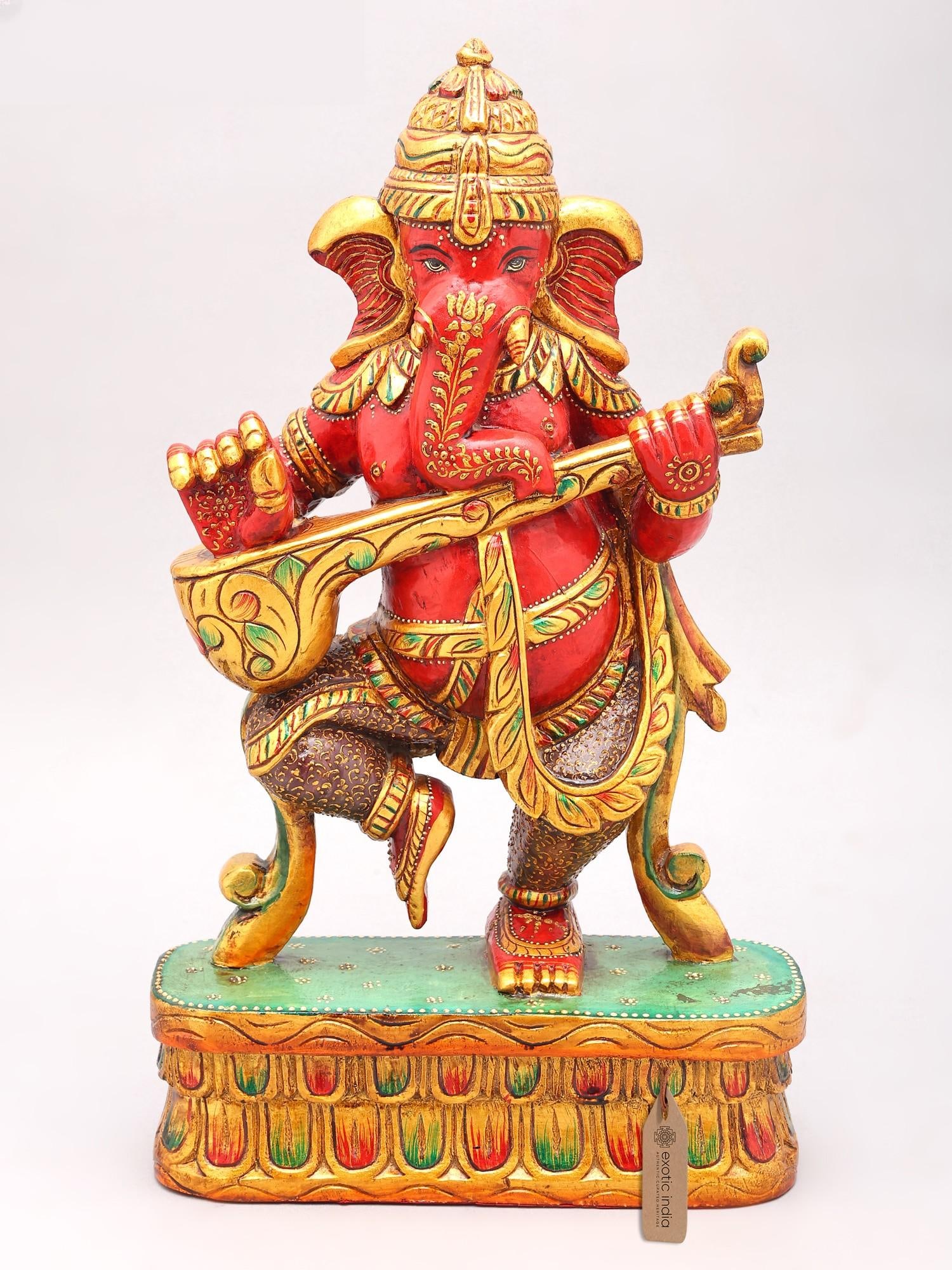 18" Lord Ganesha Dancing and Playing Veena | Wood Carved Statue (1 of 2)