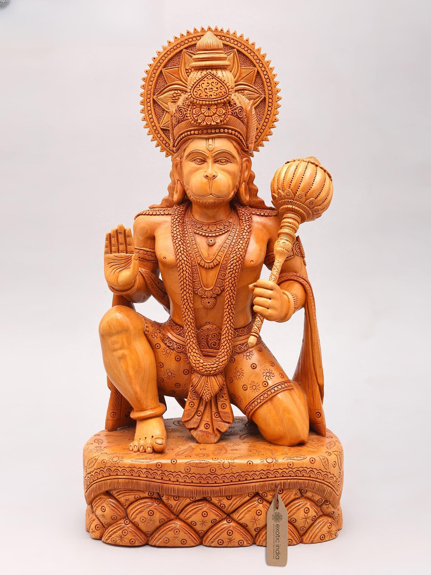 18" Seated Lord Hanuman in Blessing Gesture | Wood Carved Statue (1 of 2)