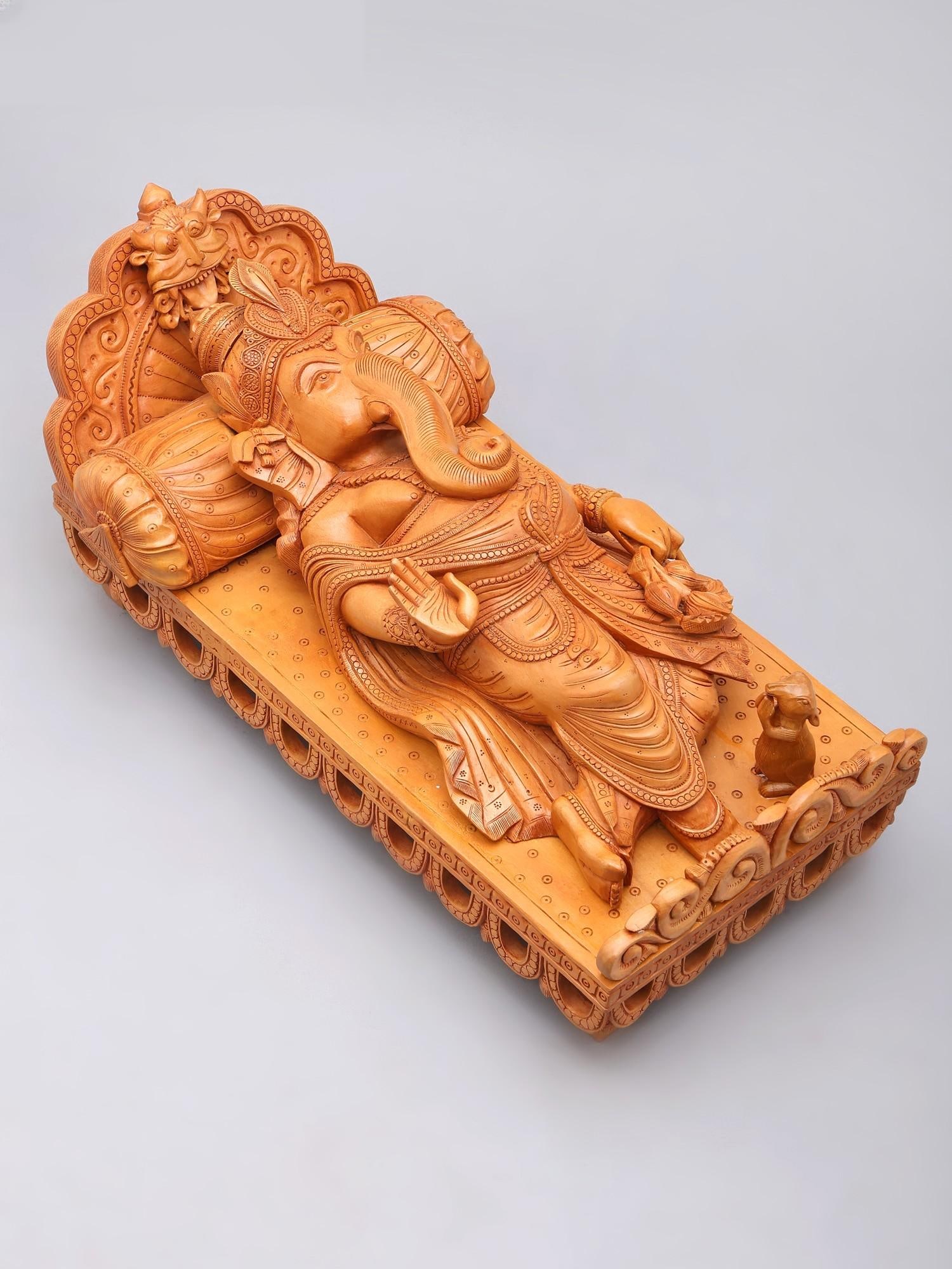 20" Relaxing Lord Ganesha | Wood Carved Idol (1 of 2)