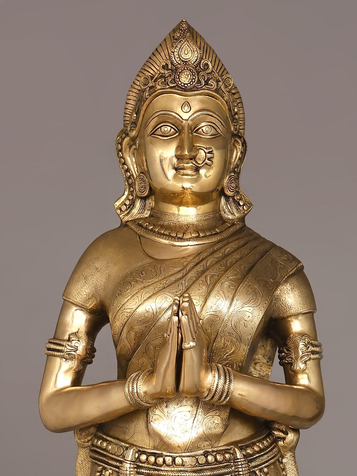 7 Feet Large Standing Welcome Lady/Namaste Lady | Brass Statue - 2