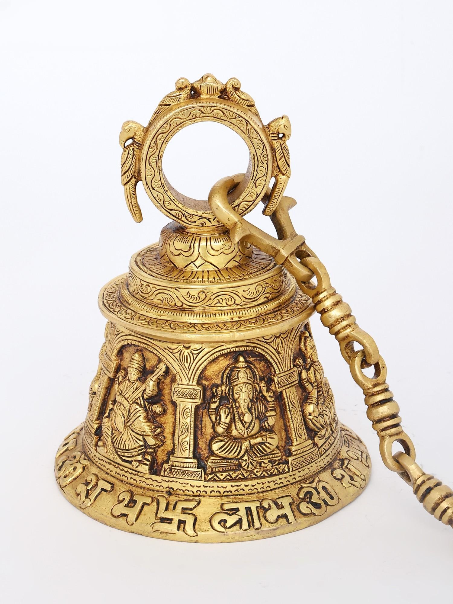 8" Brass Lakshmi Ganesha Saraswati Hanging Bell (1 of 2)