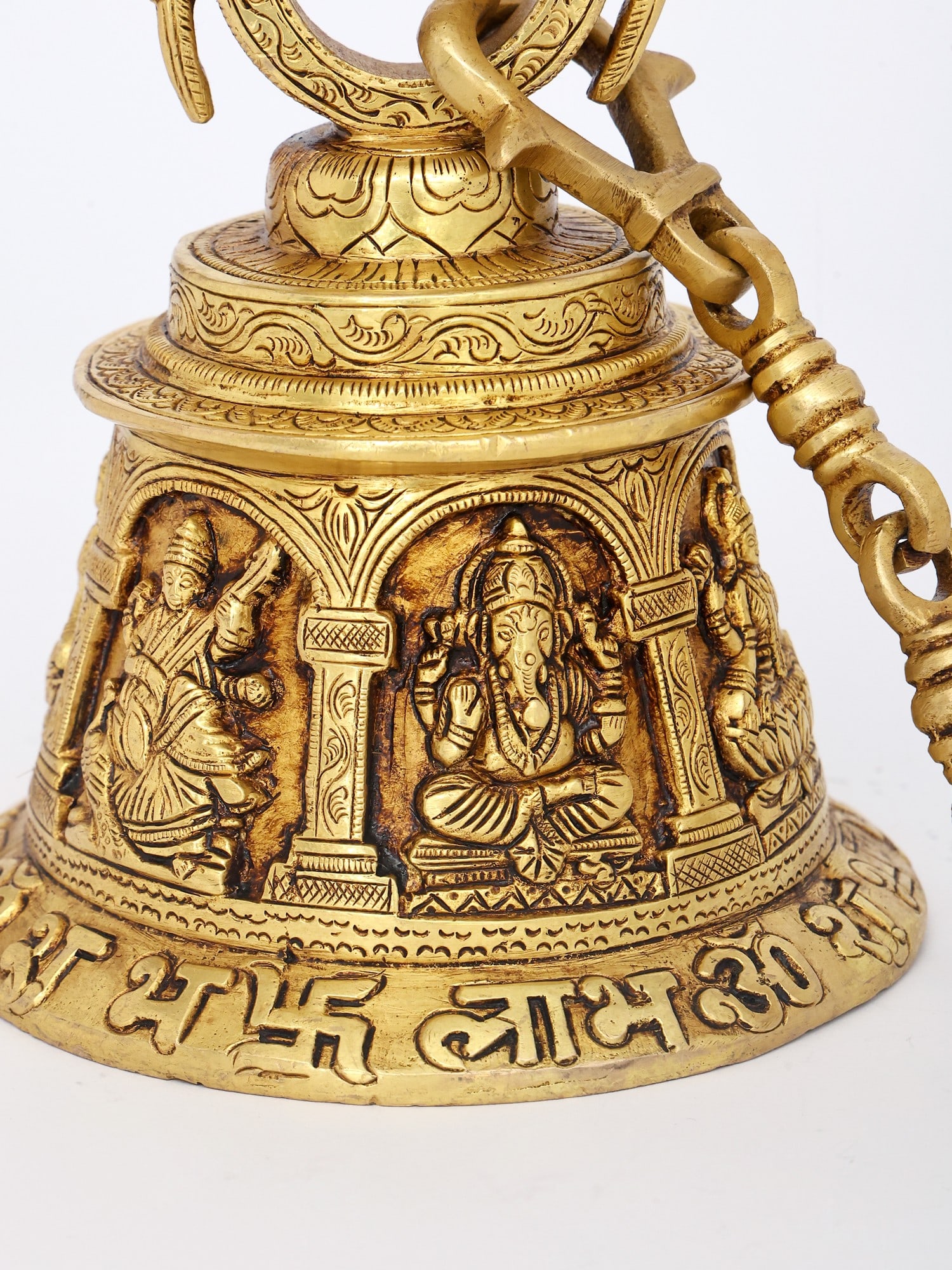 8" Brass Lakshmi Ganesha Saraswati Hanging Bell - 2