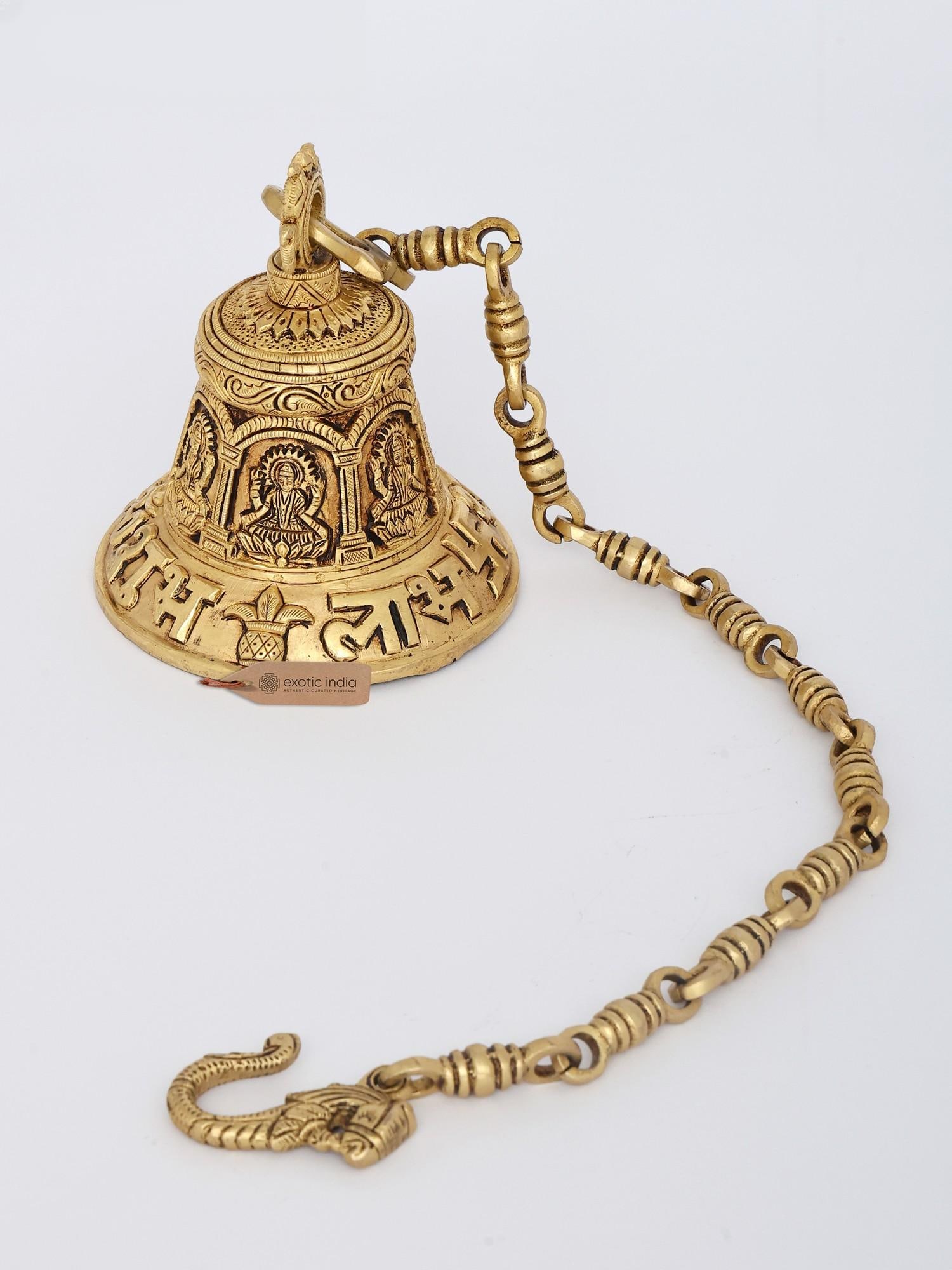 6" Lakshmi Ganesha Saraswati Hanging Bell: Description: Chain Height : 25 Inch