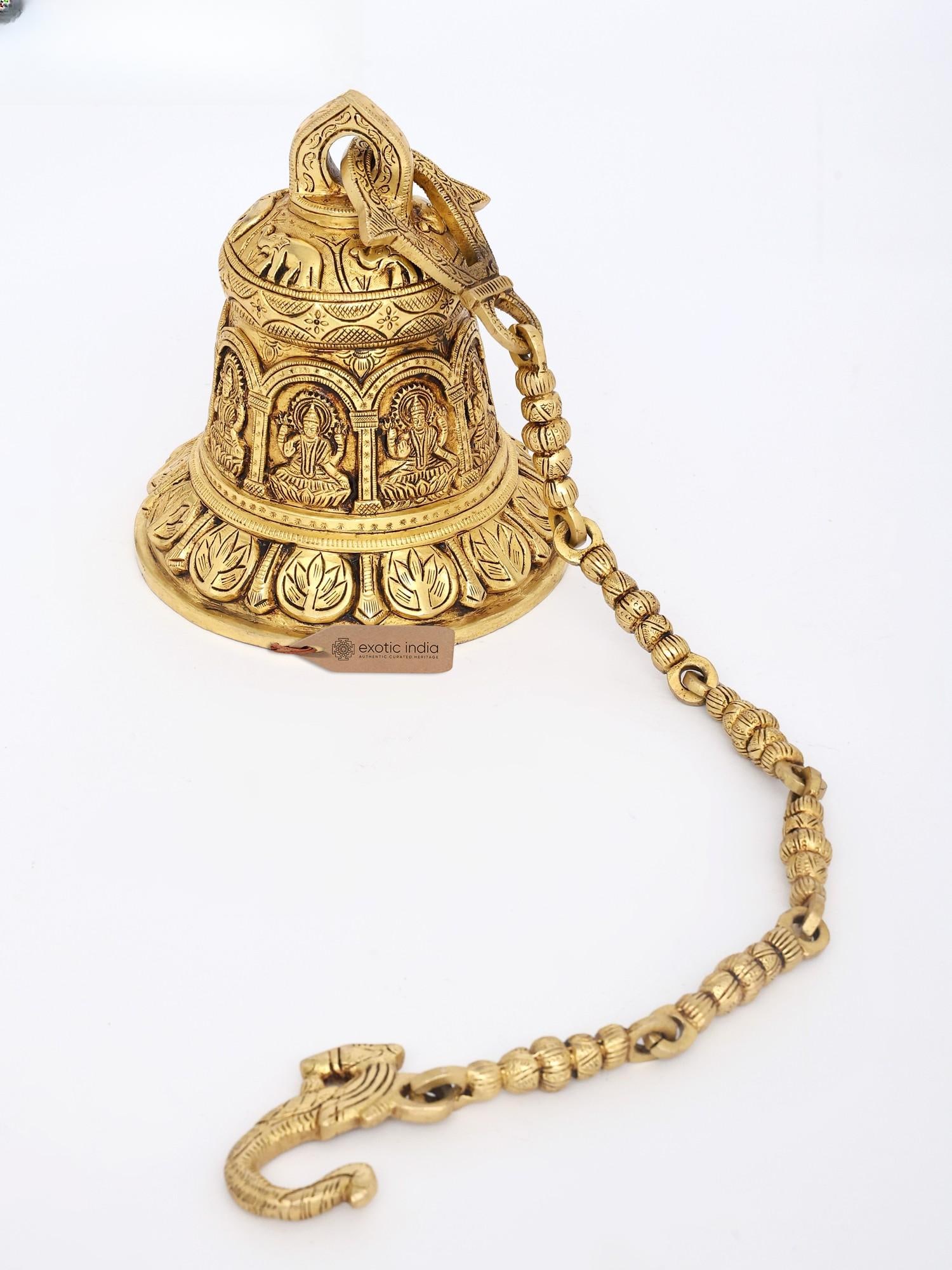 8" Goddess Lakshmi Temple Bell in Brass: Description: Chain Height : 25 Inch
