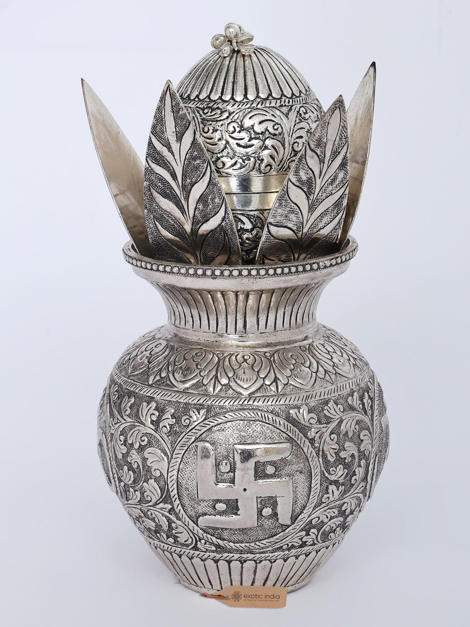 10" Puja Kalash in White Metal: Description: 10" Puja Kalash in White Metal