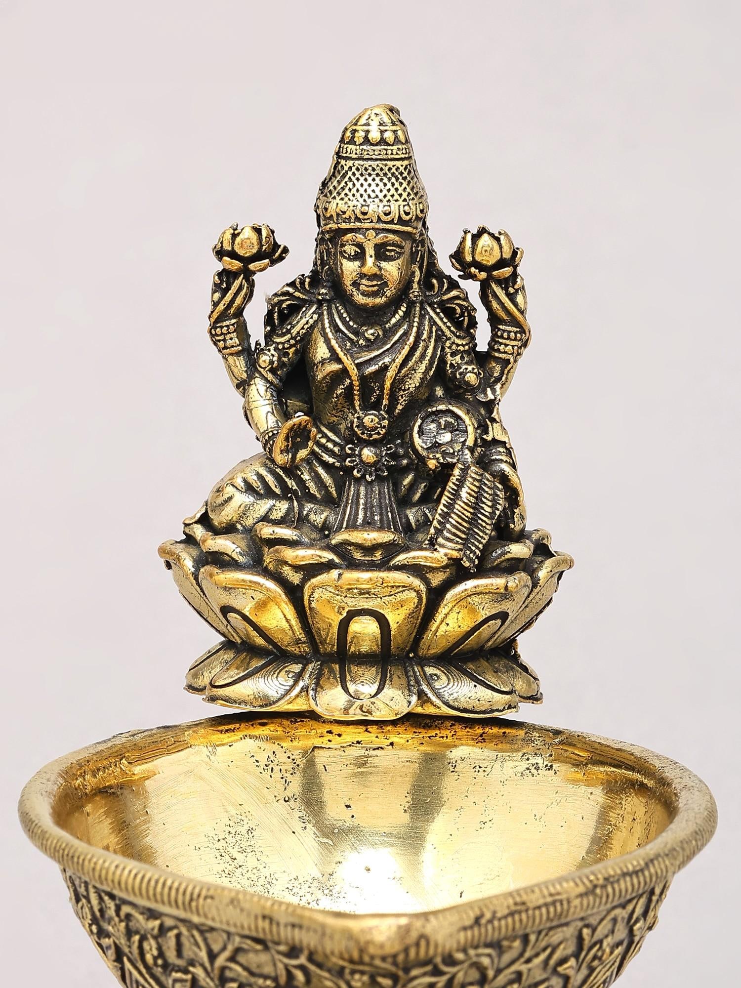 5" Small Superfine Goddess Lakshmi Diya (Lamp) in Brass - 2