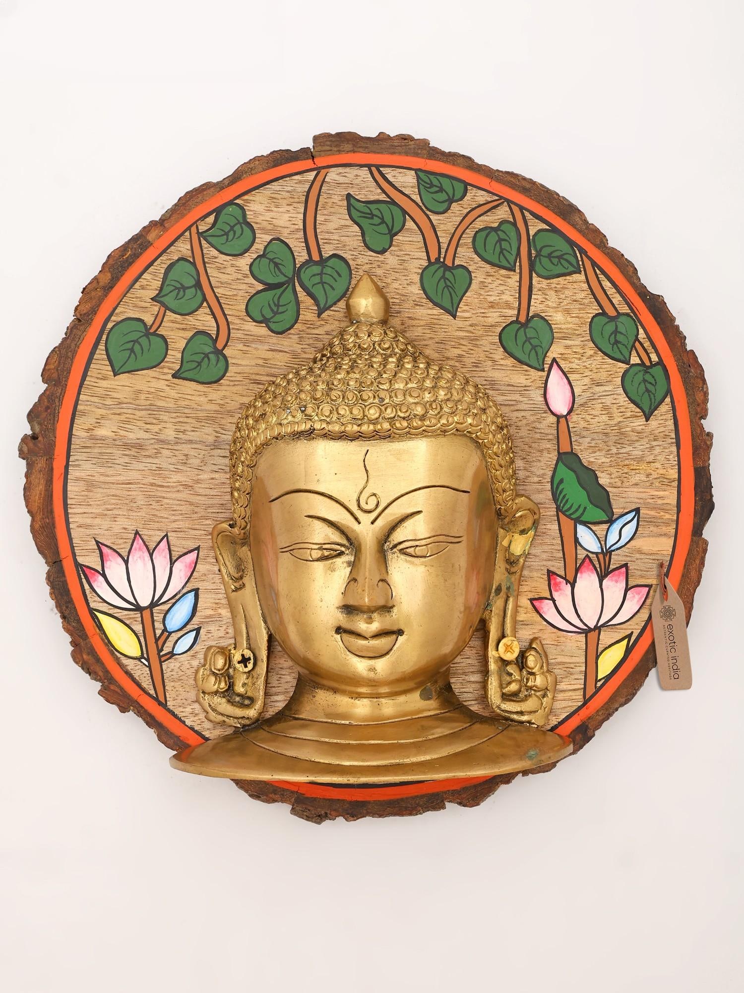 9" Brass Buddha Wall Hanging Statue with Hand-Painted Wood Frame (1 of 2)