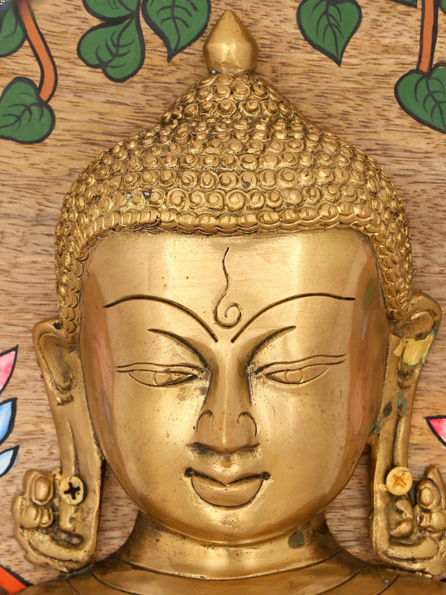 9" Brass Buddha Wall Hanging Statue with Hand-Painted Wood Frame - 2