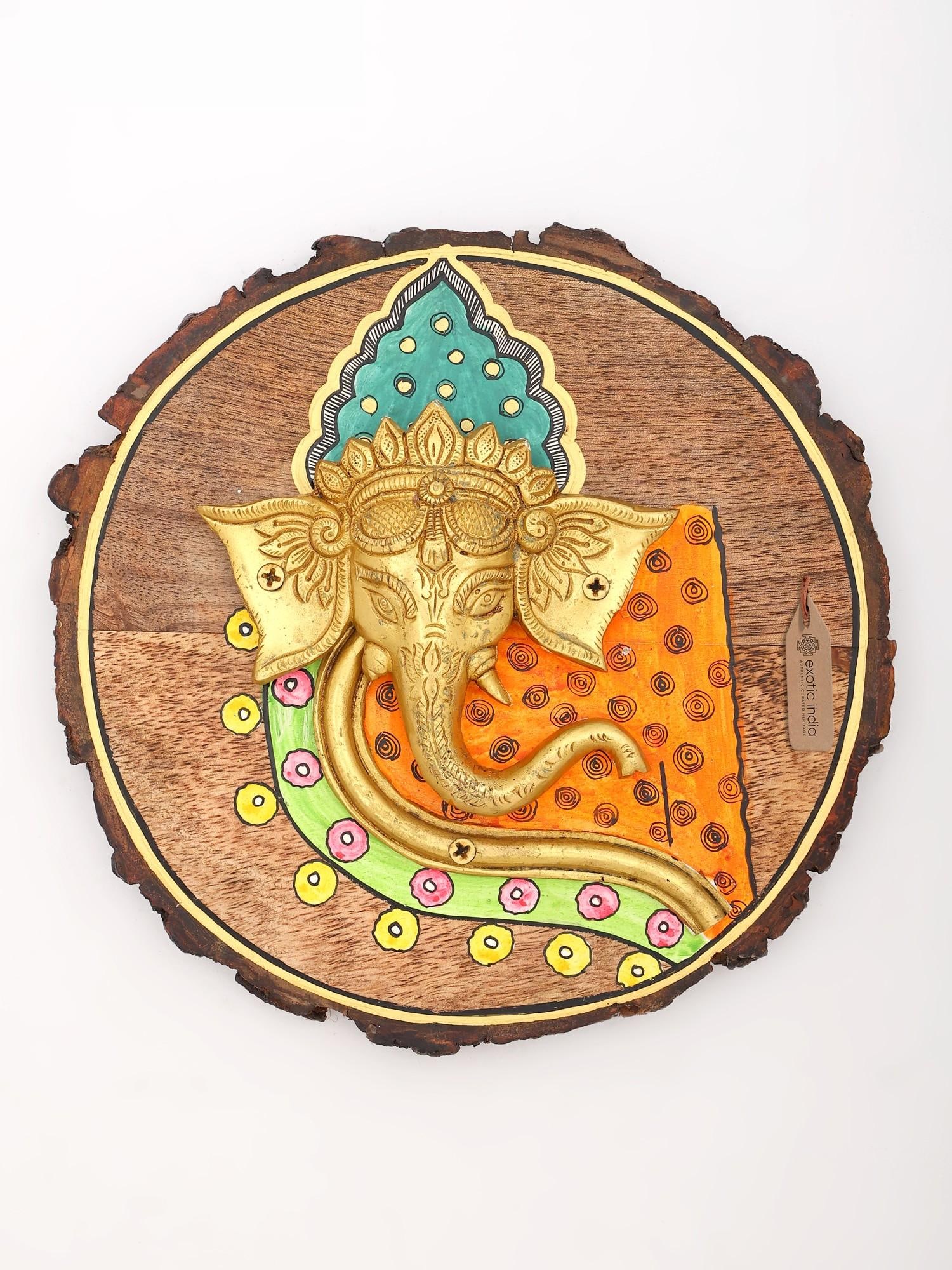9" Hand-Painted Wood Framed Ganesha Face Statue | Wall Hanging (1 of 2)