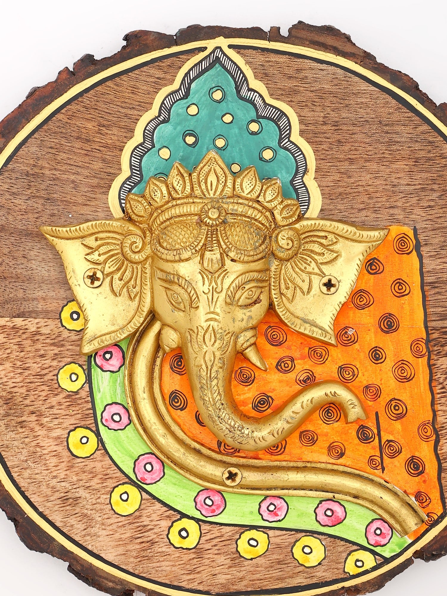 9" Hand-Painted Wood Framed Ganesha Face Statue | Wall Hanging - 2