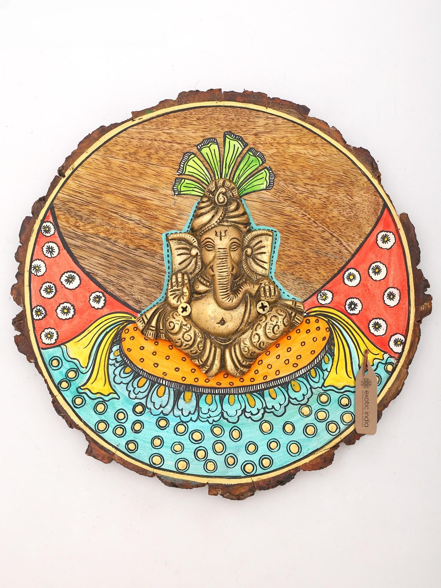 9" Wall Hanging Ganesha | Hand-Painted Wood Framed Brass Sculpture (1 of 2)