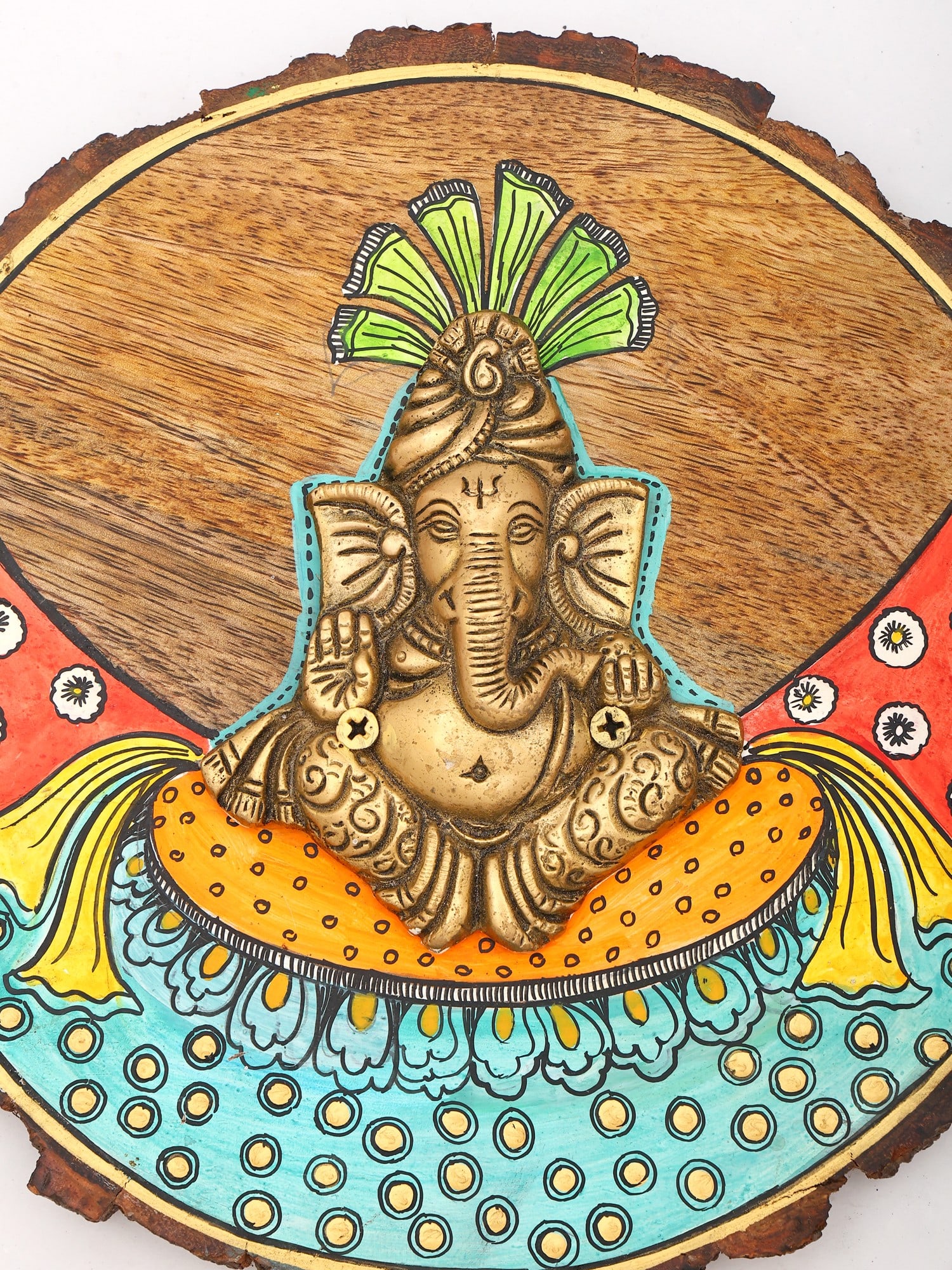 9" Wall Hanging Ganesha | Hand-Painted Wood Framed Brass Sculpture - 2