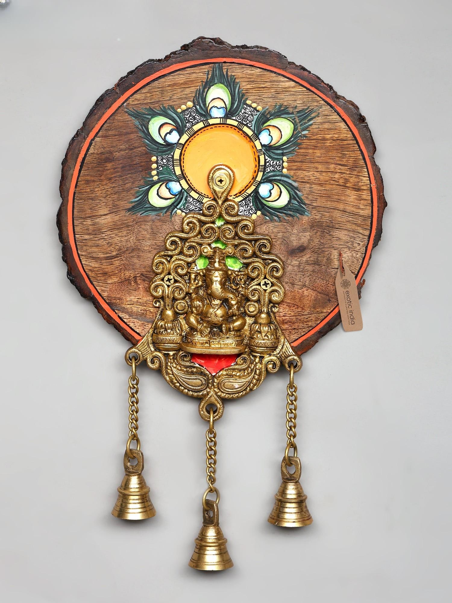 10" Brass Ganesha with Bells on Hand-Painted Wood Frame | Wall Hanging (1 of 2)