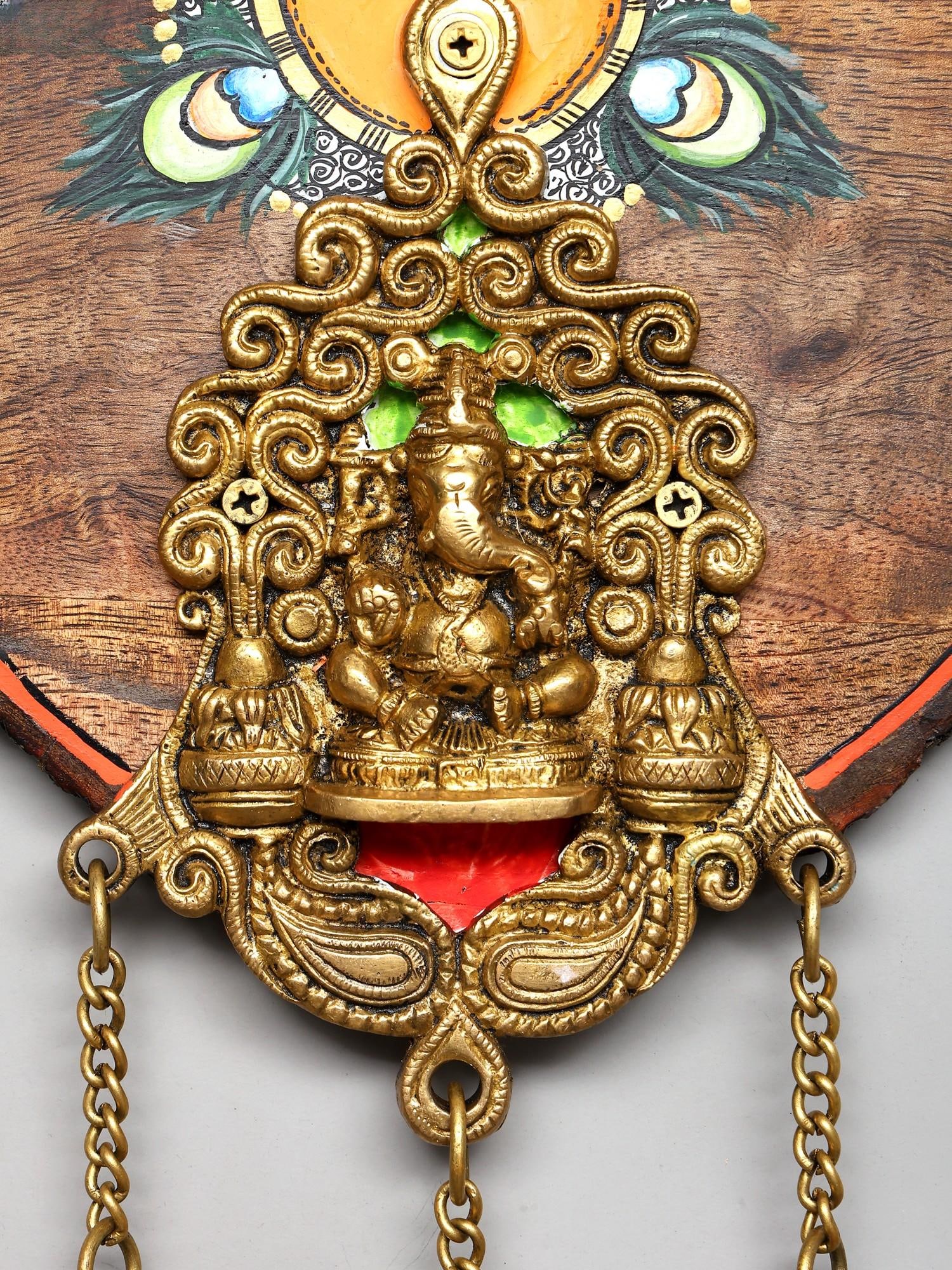 10" Brass Ganesha with Bells on Hand-Painted Wood Frame | Wall Hanging - 2