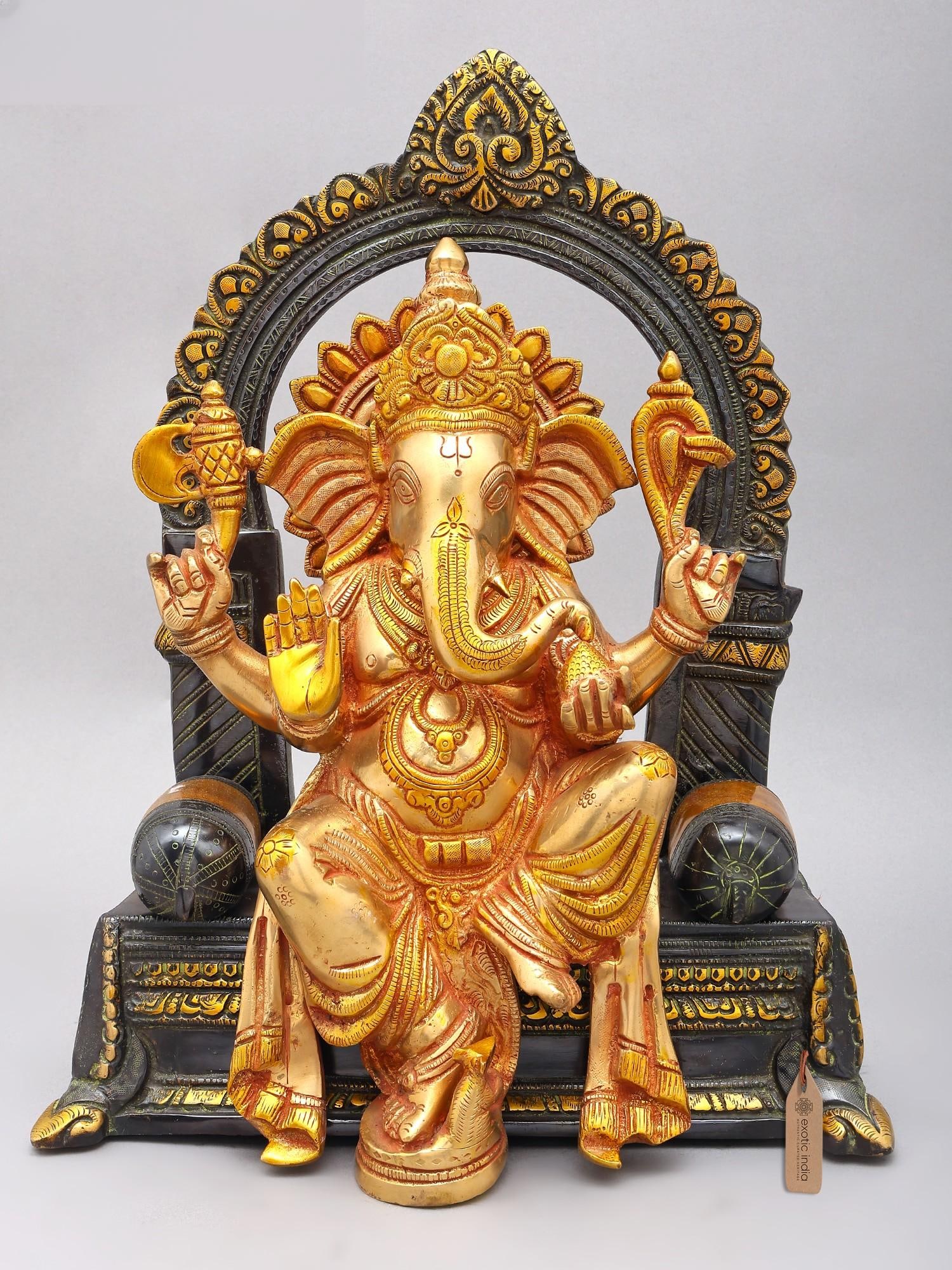 16" Blessing Lord Ganesha Seated on Singhasan | Brass Statue: Description: 16" Blessing Lord Ganesha Seated on Singhasan | Brass Statue